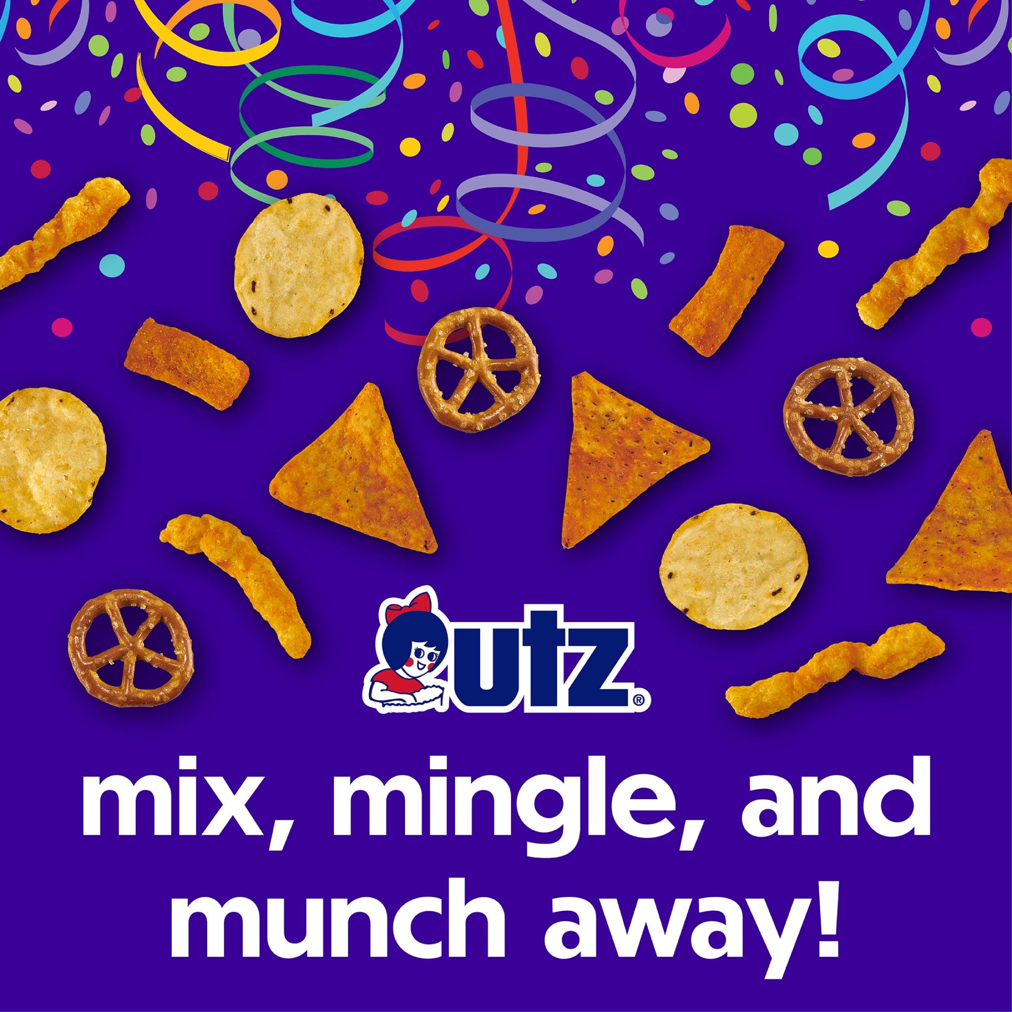 Utz Party Mix - Tasty Snack Mix Includes Corn Tortillas, Nacho Tortillas, Pretzels, BBQ Corn Chips and Cheese Curls, Cholesterol Free and Trans-Fat