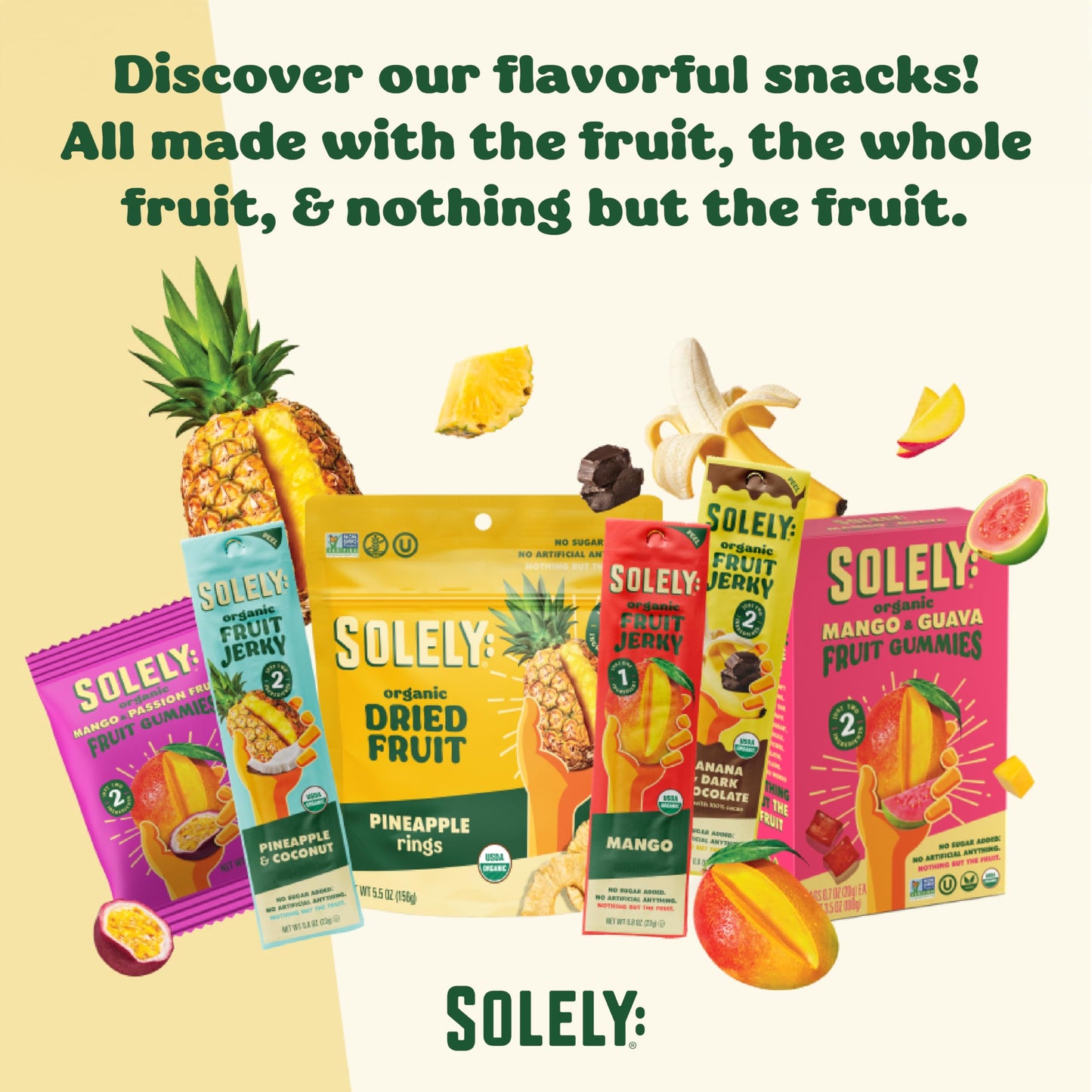 SOLELY - Organic Dried Fruit Mango Pieces (1 Box, 12 Single Serving Bags per Box) - Real Fresh Fruit - Healthy Snacks for Adults & Kids - Non GMO