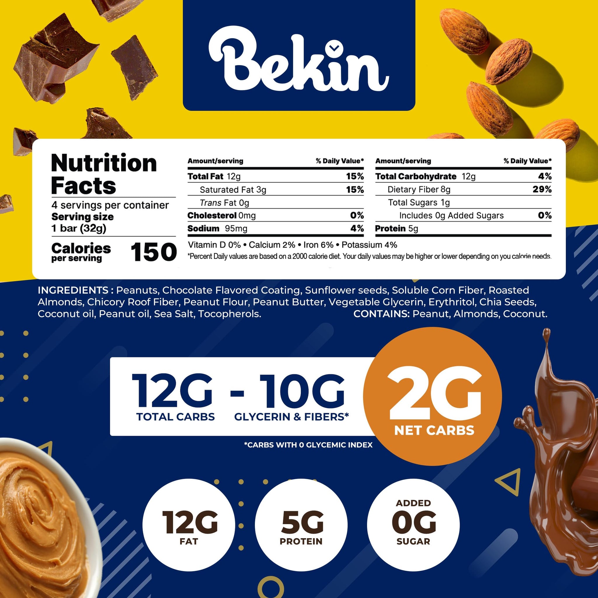 Bekin Protein Bars Keto Chocolate Peanut Dark (Pack of 4) 4.5oz