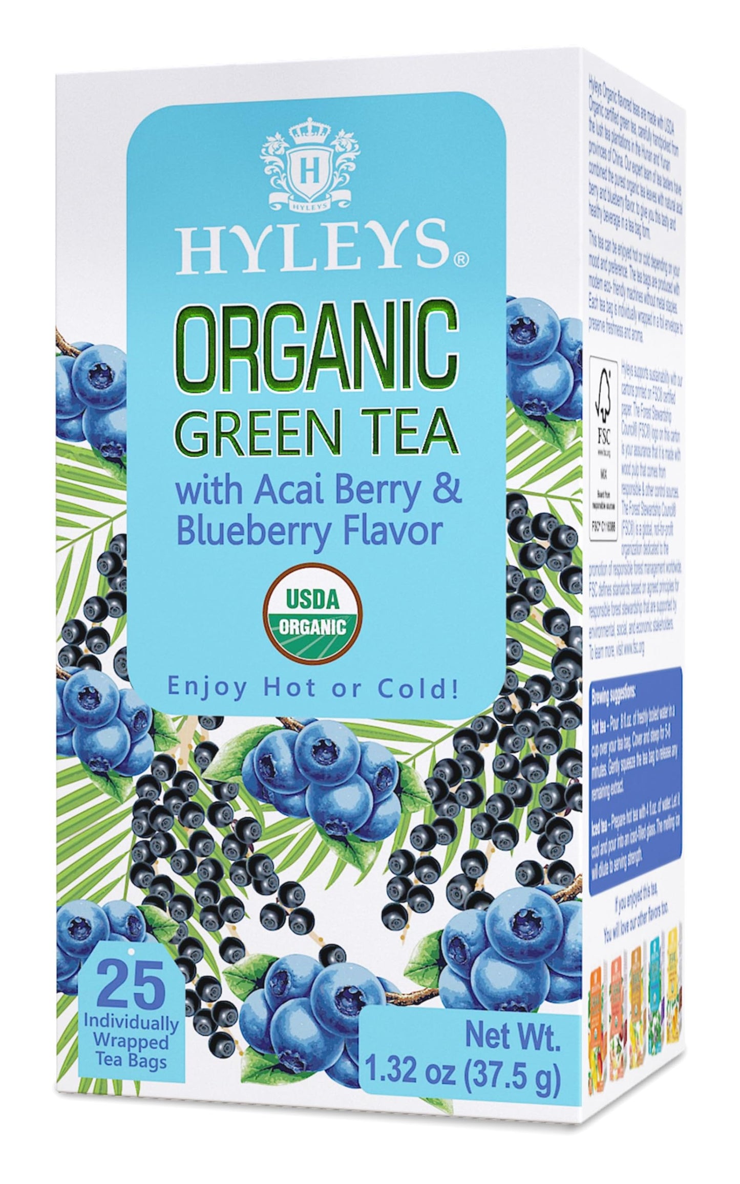 Hyleys Organic Green Tea Acai Berry and Blueberry Flavor - 25 Tea Bags