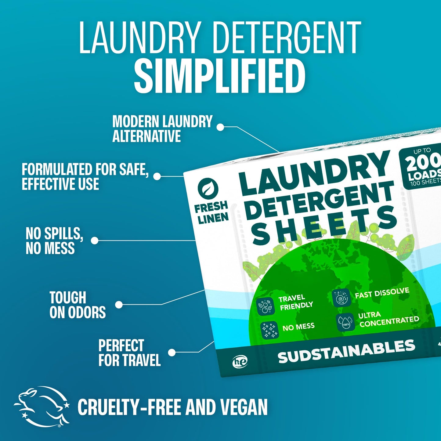 Sudstainables Laundry Detergent Sheets 200 Loads - Dissolvable Laundry Sheet for Washing Machines, Compact Alternative to Liquid & Powder Detergent