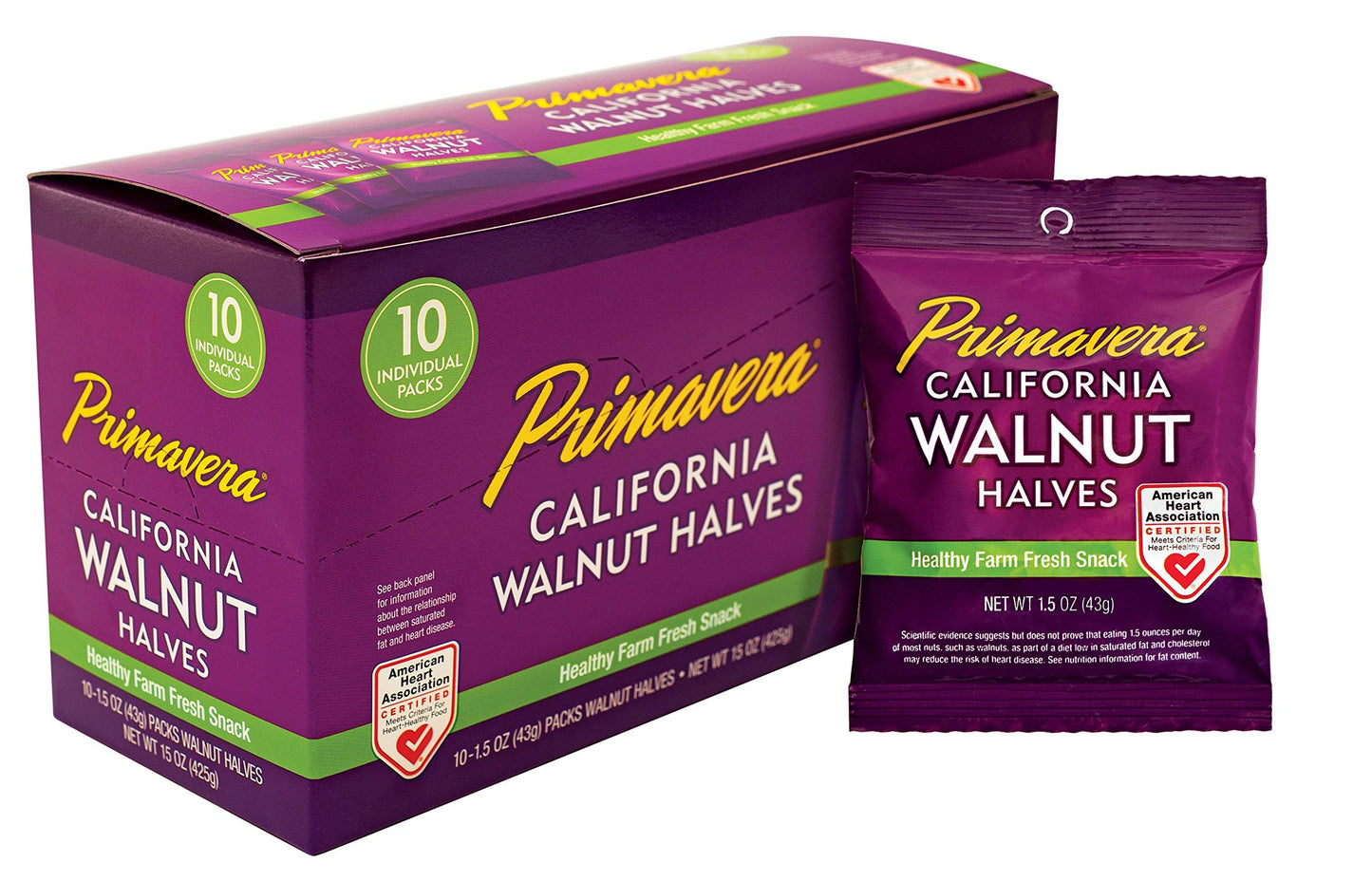 Primavera Snack Pack Walnuts Linden's Best - 10 Pack 1.5 oz Snack Light Halves