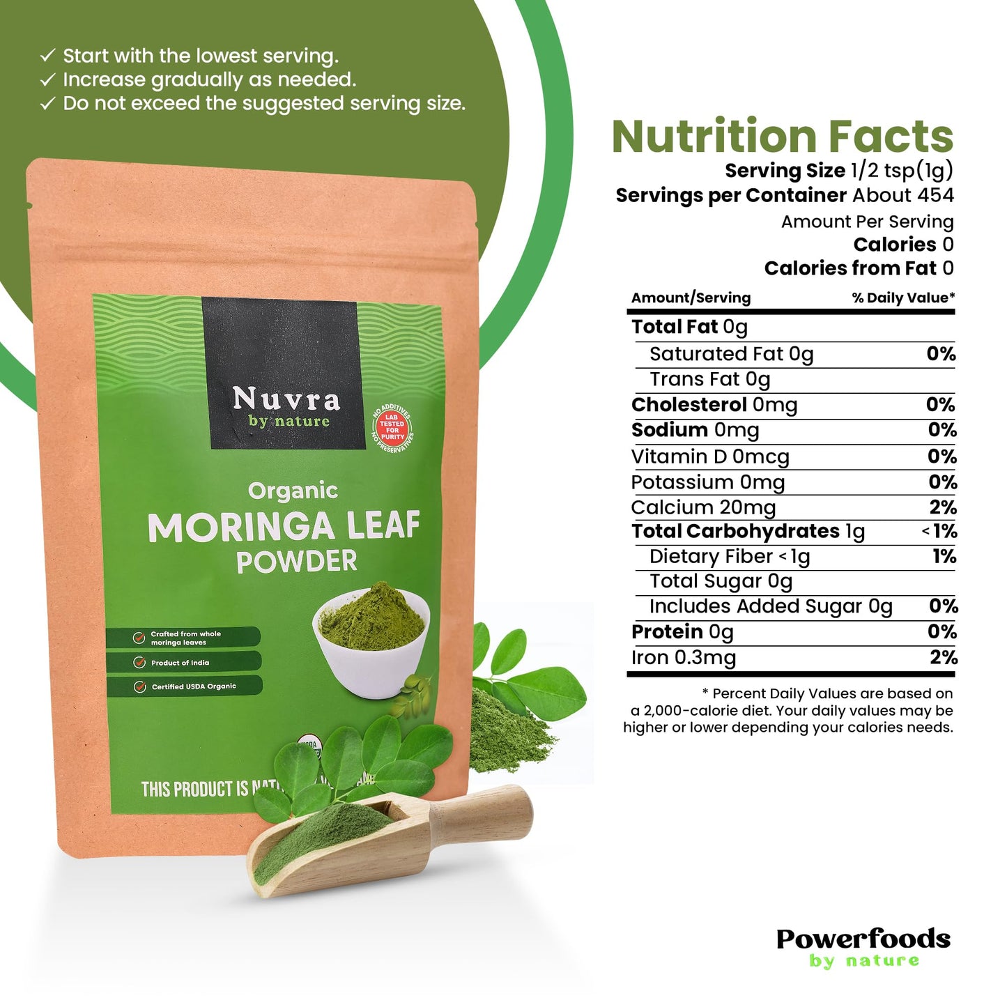 Nuvra by Nature Organic Moringa Leaf Powder - 1 lb | 100% Pure & Natural, Premium Quality Superfood for Smoothies, Tea & Lattes | Certified USDA