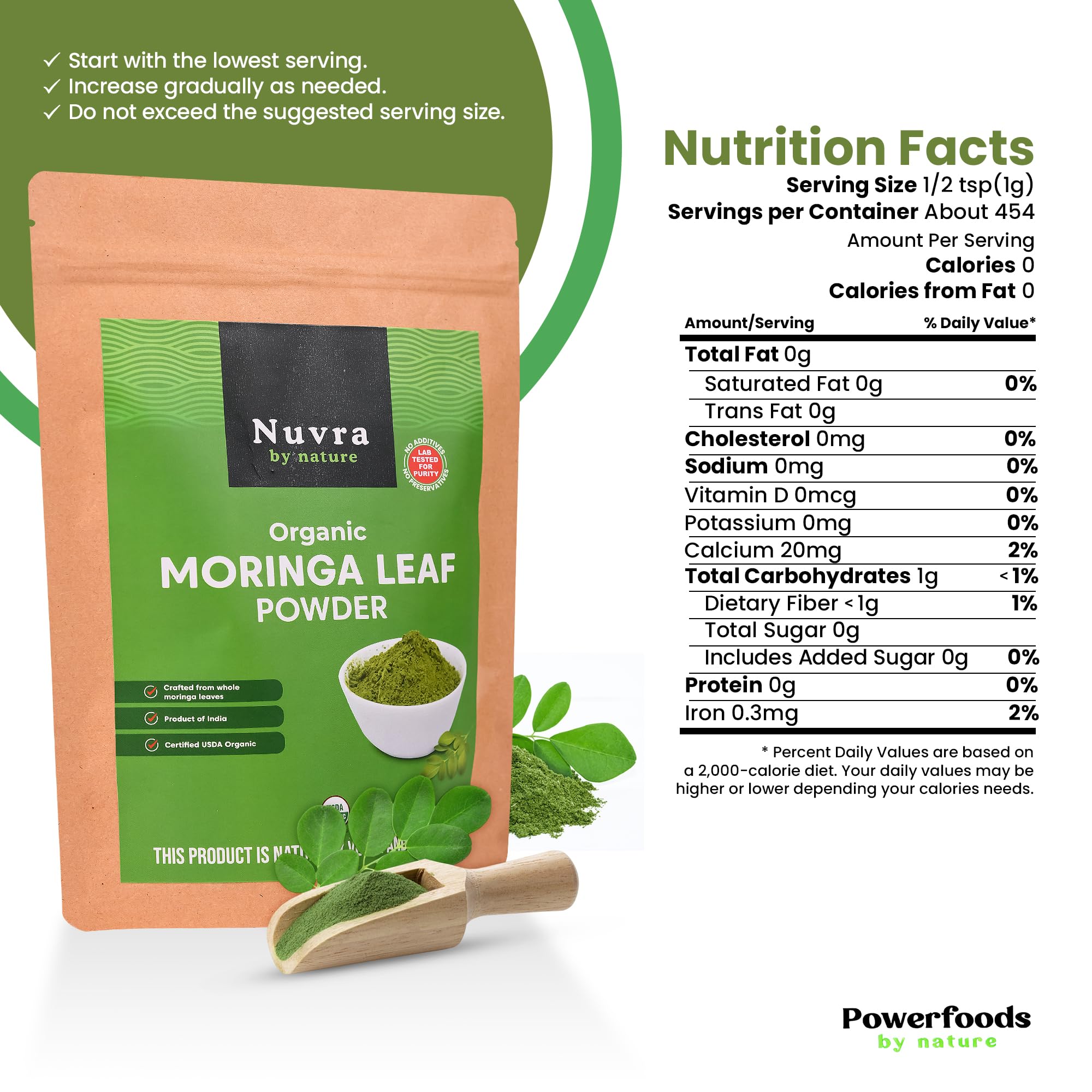 Nuvra by Nature Organic Moringa Leaf Powder - 1 lb | 100% Pure & Natural, Premium Quality Superfood for Smoothies, Tea & Lattes | Certified USDA