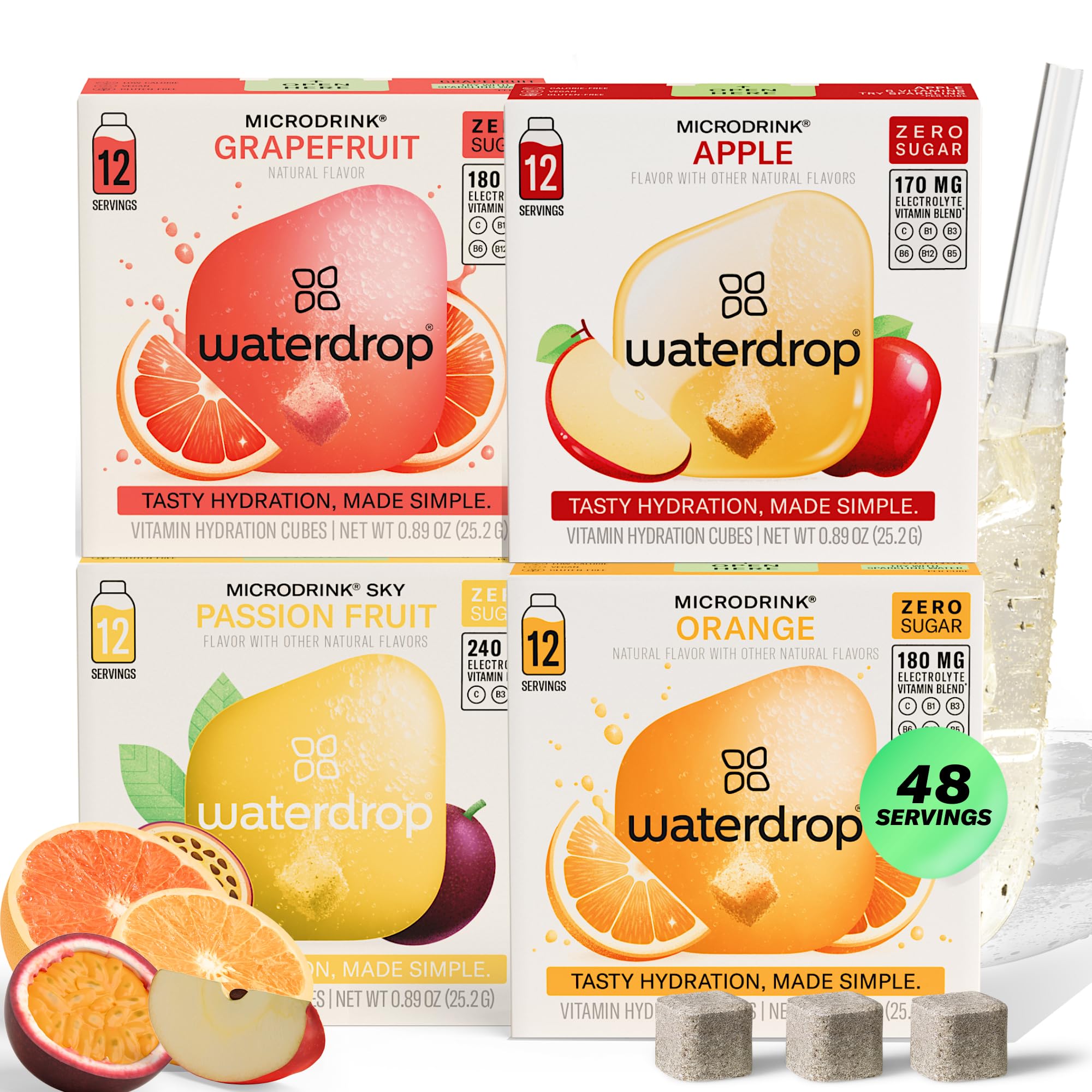Waterdrop Hydration Cubes With Vitamin C, B Vitamins and Electrolytes, 4 Flavor Electrolyte Variety Pack, Flavored Water Enhancer Cubes for Still