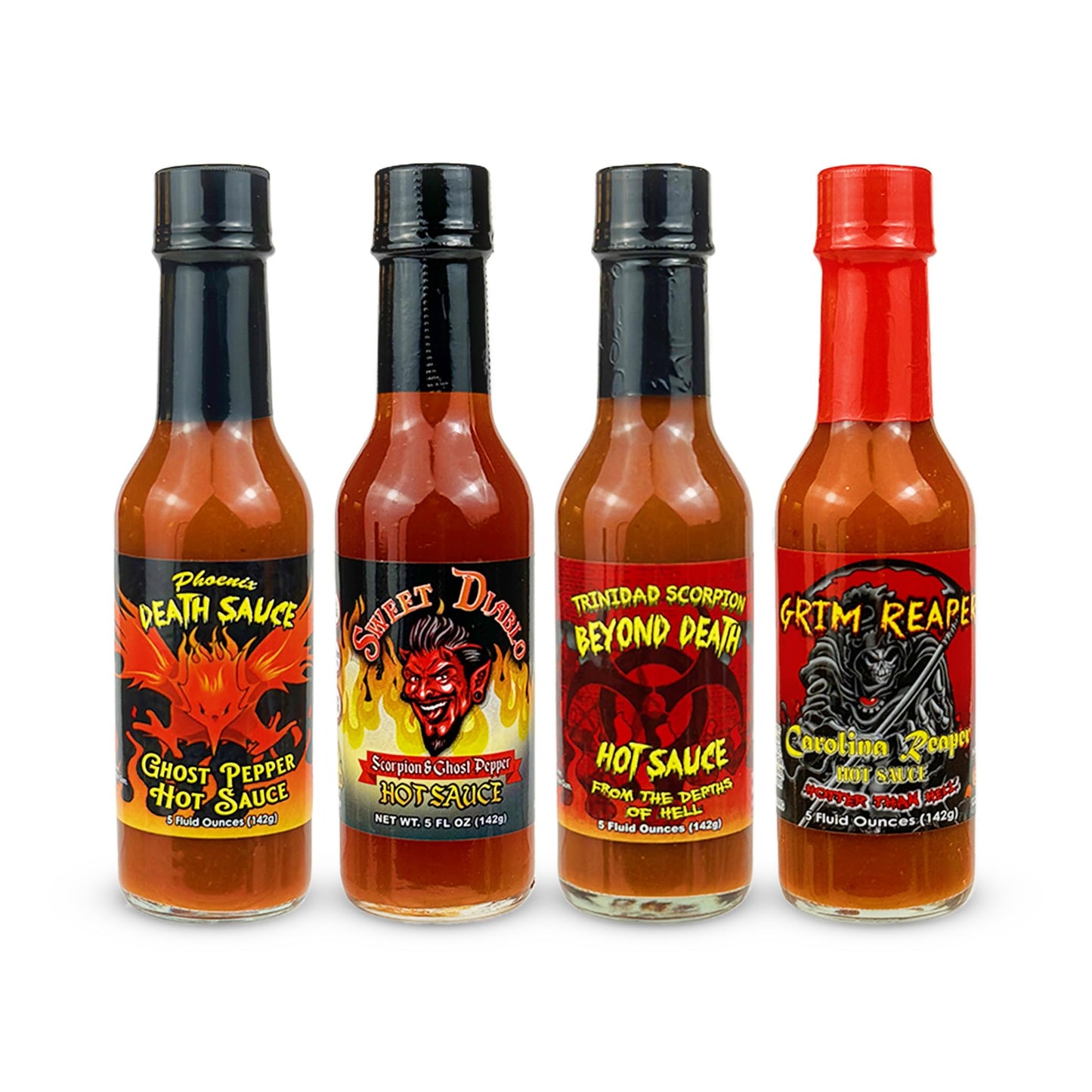 Anthony Spices - Hot Sauce 4-Pack. Includes Carolina Grim Reaper Hot Sauce, Phoenix Death Sauce, Sweet Diablo Sauce and Trinidad Scorpion Beyond Death