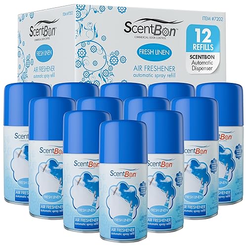 ScentBon Air Freshener Refill Metered Aerosol Can, Cinnamon, Fresh Linen, Green Apple, Mango, Ocean, Vanilla, Pack of 12 (12, Blue - Fresh Linen