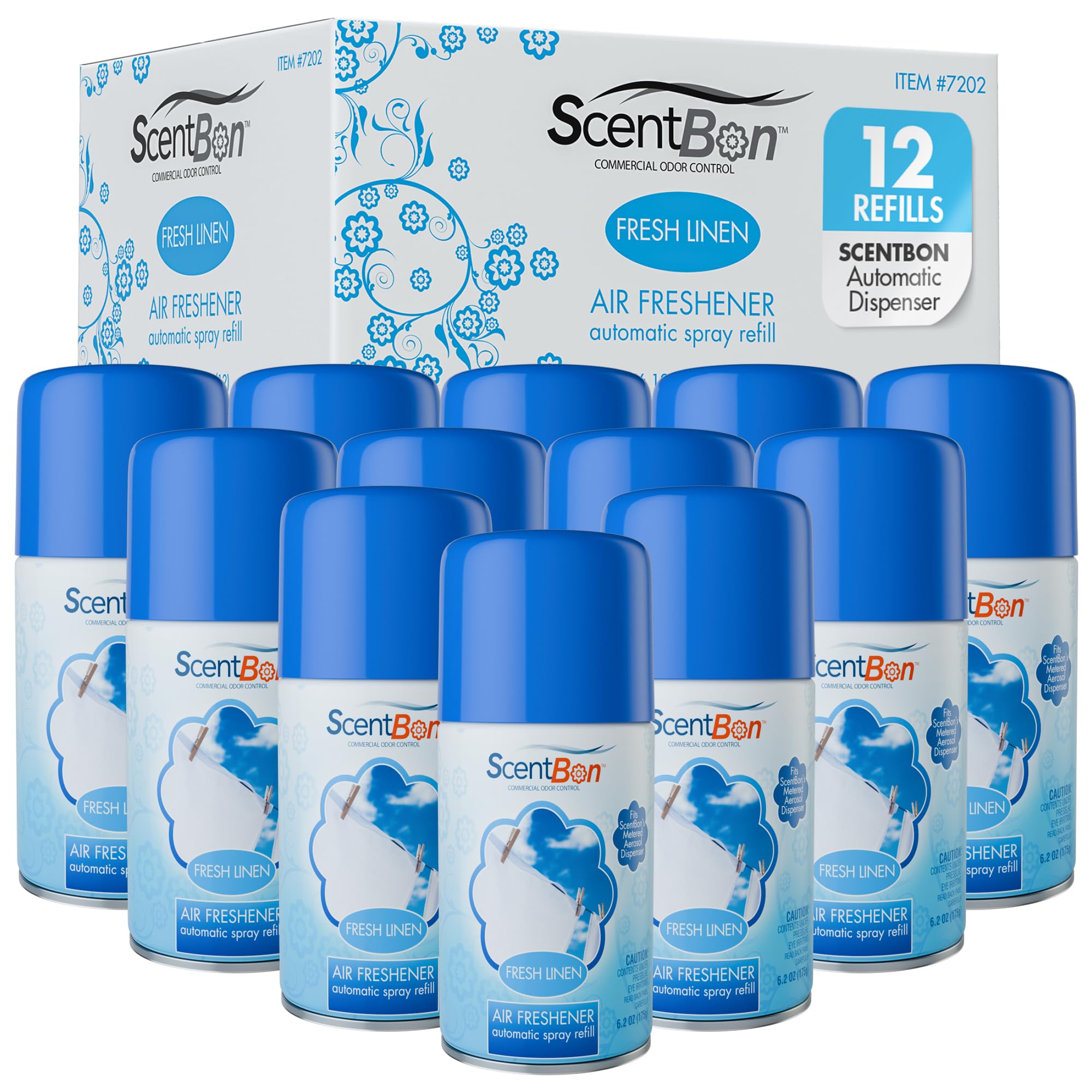 ScentBon Air Freshener Refill Metered Aerosol Can, Cinnamon, Fresh Linen, Green Apple, Mango, Ocean, Vanilla, Pack of 12 (12, Blue - Fresh Linen