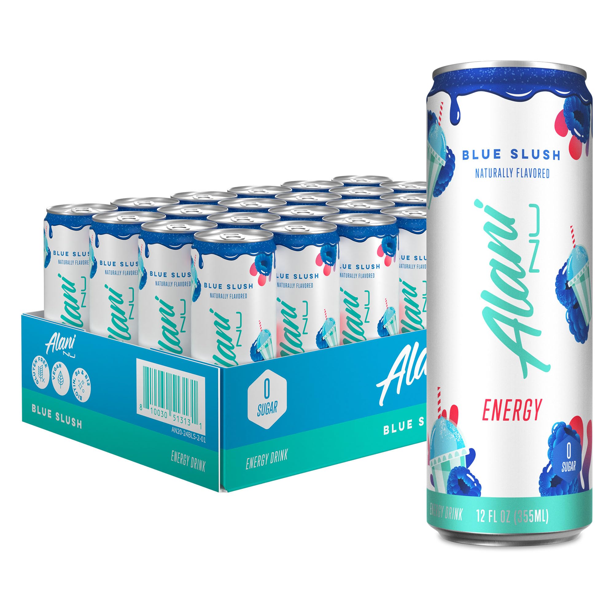 Alani Nu BLUE SLUSH Ice Sugar Free, Low Calorie Energy Drinks | 200mg Caffeine | Antioxidants | Biotin, B Vitamins | Zero Sugar | 15 Calories or Less