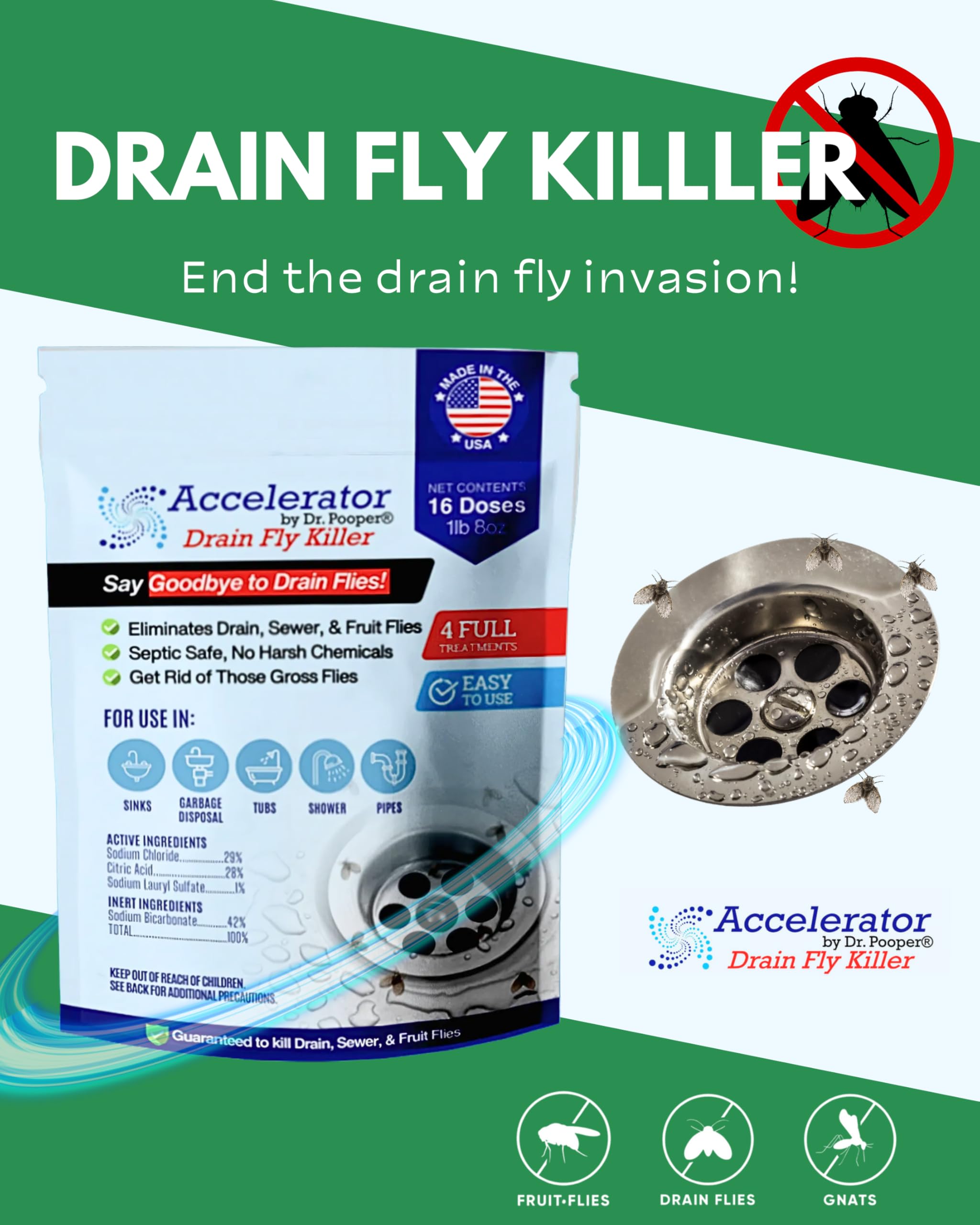 Drain Fly Killer Powder - Eliminates Drain Flies & Sewer Flies in Drains, Sinks, Showers - Fast-Acting Treatment - Septic Safe & Made in USA