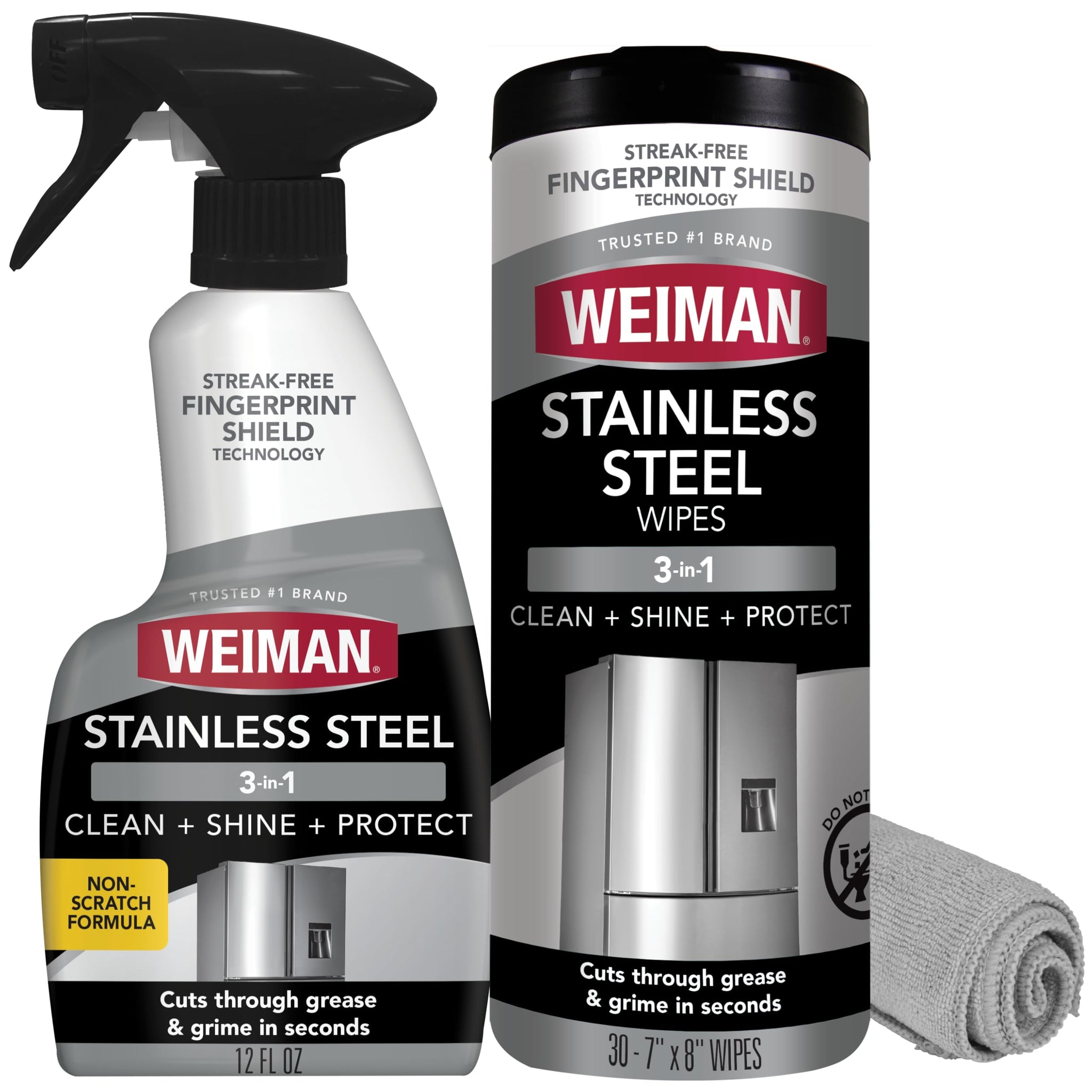 Weiman Stainless Steel Cleaner & Polish Kit, 3 Piece - Spray, Wipes & Cloth, Anti-Fingerprint, Removes Grease, Water Spots, Streaks & Residue