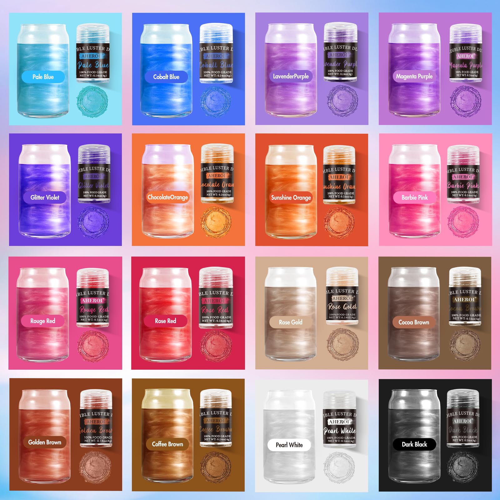 Aheroi Edible Glitter, 24 Colors Luster Dust Edible, Cocktail Glitter Luster Dust Sprinkles Drink Glitter Set, Shimmering Glitters Powder for Fondant