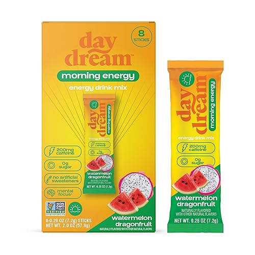 Day/Dream Morning Energy Drink Mix - Watermelon Dragonfruit, 200mg Natural Caffeine from Green Tea, Guarana, and Yerba Mate, L-Citrulline, L-Arginine