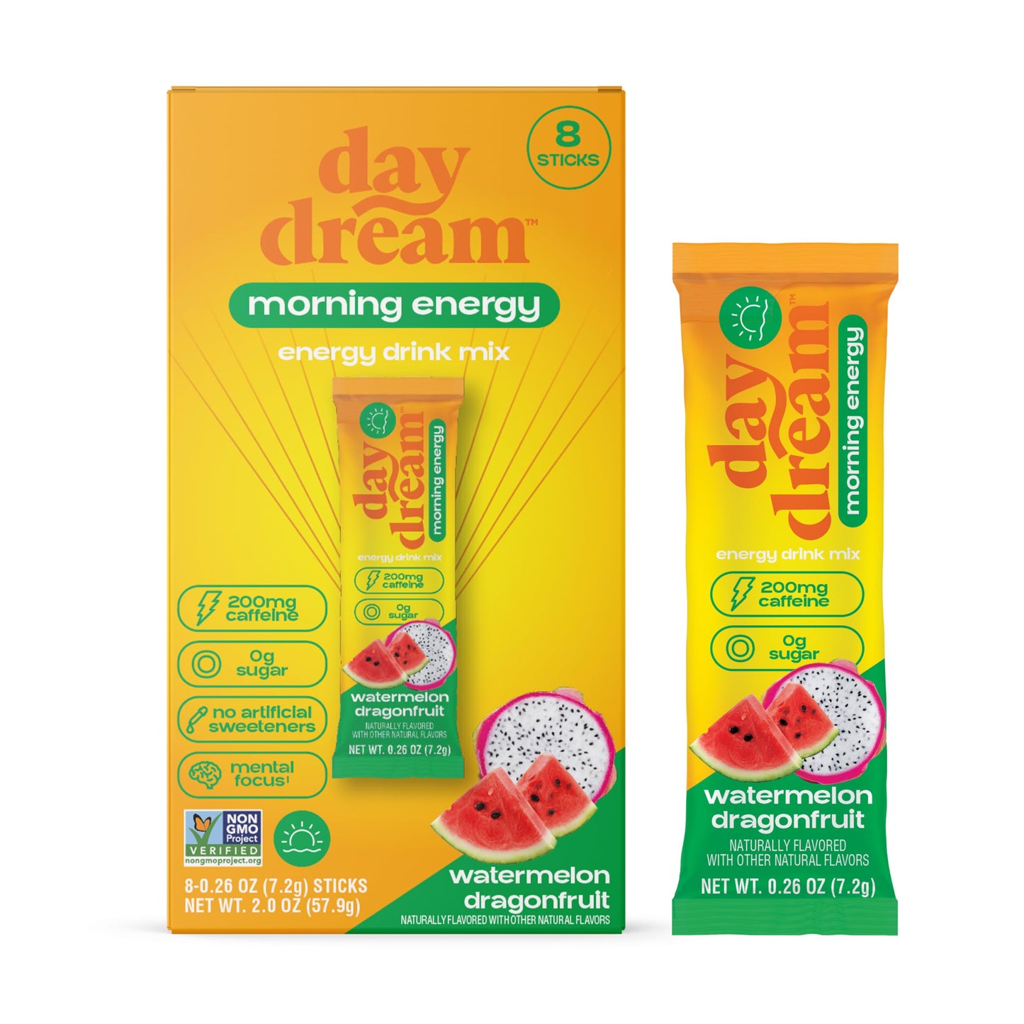 Day/Dream Morning Energy Drink Mix - Watermelon Dragonfruit, 200mg Natural Caffeine from Green Tea, Guarana, and Yerba Mate, L-Citrulline, L-Arginine