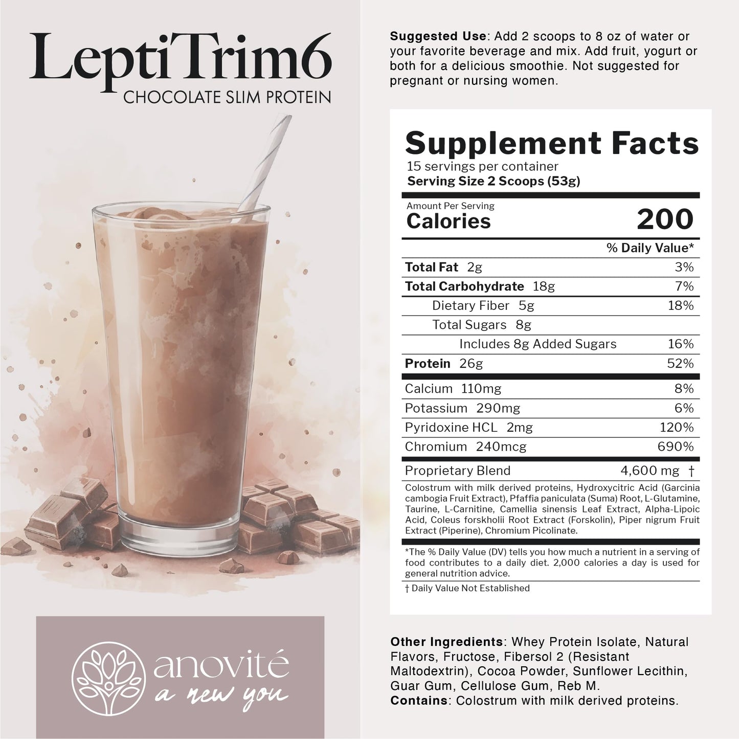 Anovité LeptiTrim6 Chocolate Shake 856 g - High Protein Meal Replacement Powder with Colostrum & Leptin, Nutritional Chocolate Shake for Daily