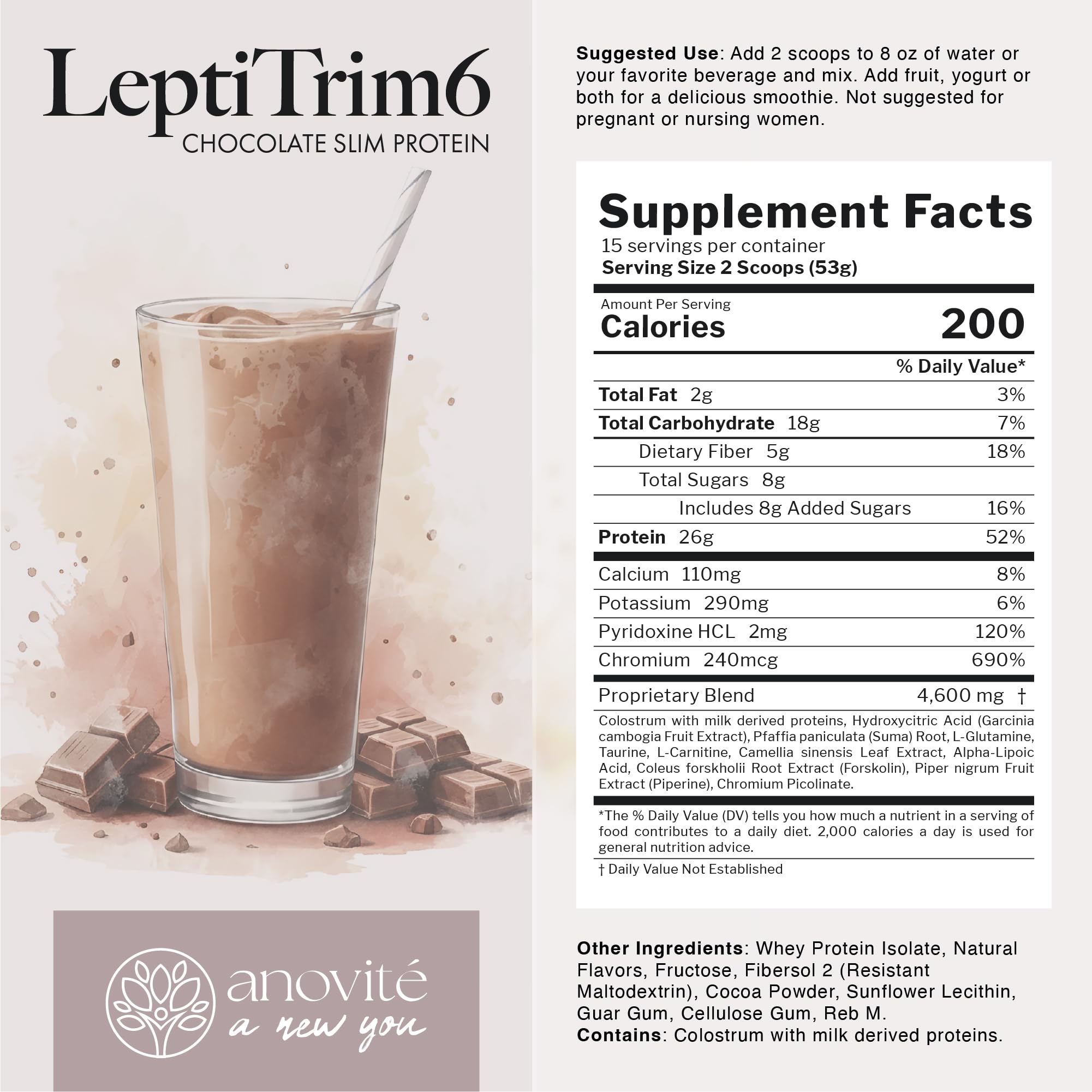Anovité LeptiTrim6 Chocolate Shake 856 g - High Protein Meal Replacement Powder with Colostrum & Leptin, Nutritional Chocolate Shake for Daily