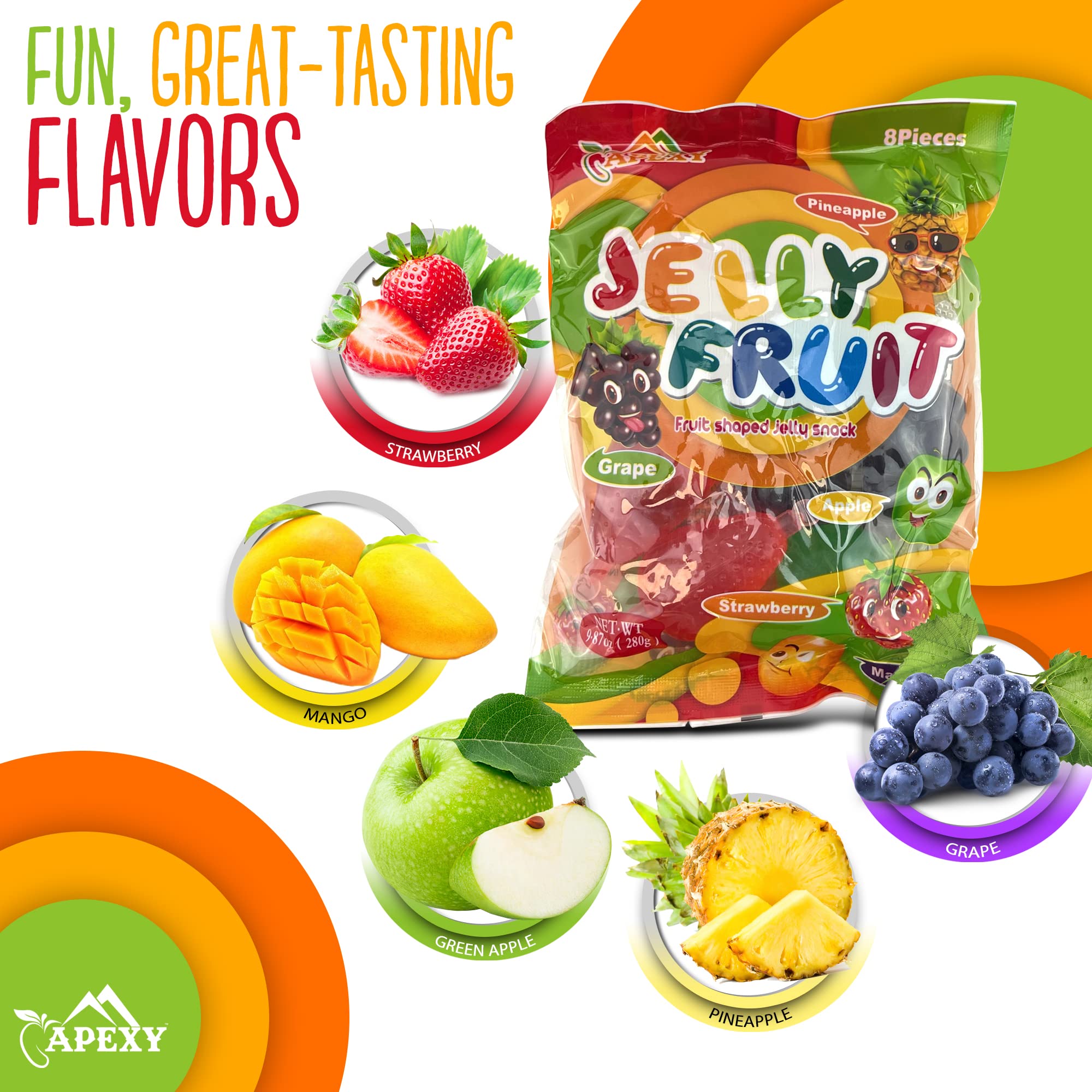 Apexy Jelly Fruit, Tiktok Candy Trend Items, Tik Tok Hit or Miss Challenge, Assorted Fruit Shaped Jelly, Strawberry, Mango, Apple, Pineapple, Grape