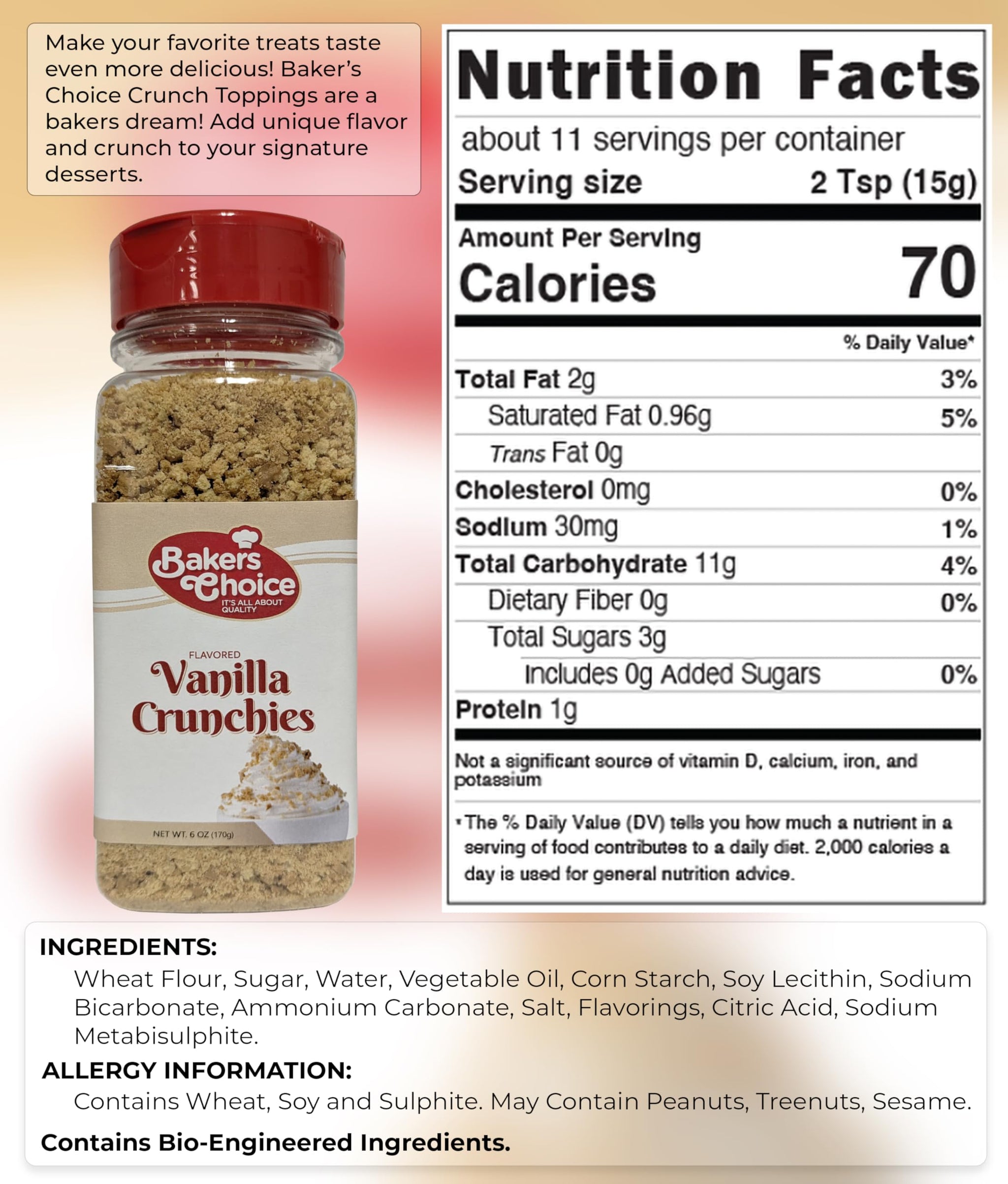 Vanilla Crunch Topping - Crunchy Vanilla Sprinkles for Ice Cream Sundae Toppings - 6 Ounce Dairy Free, Kosher Bakers Choice