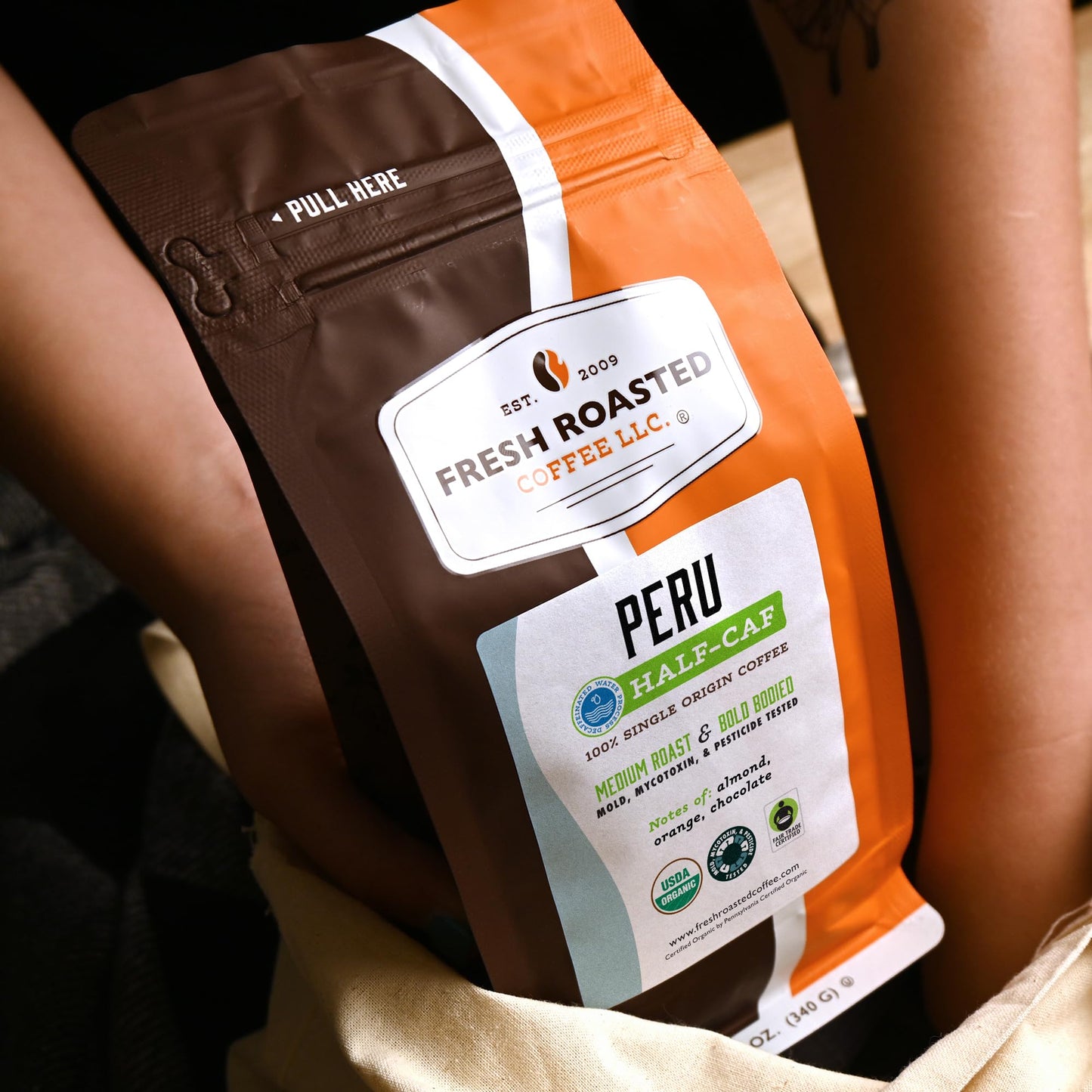 Fresh Roasted Coffee, Organic Peru Water-Processed Half-Caf Drip Ground Coffee, Medium Roast, USDA Organic, 3rd Party Tested for Mold, Mycotoxin