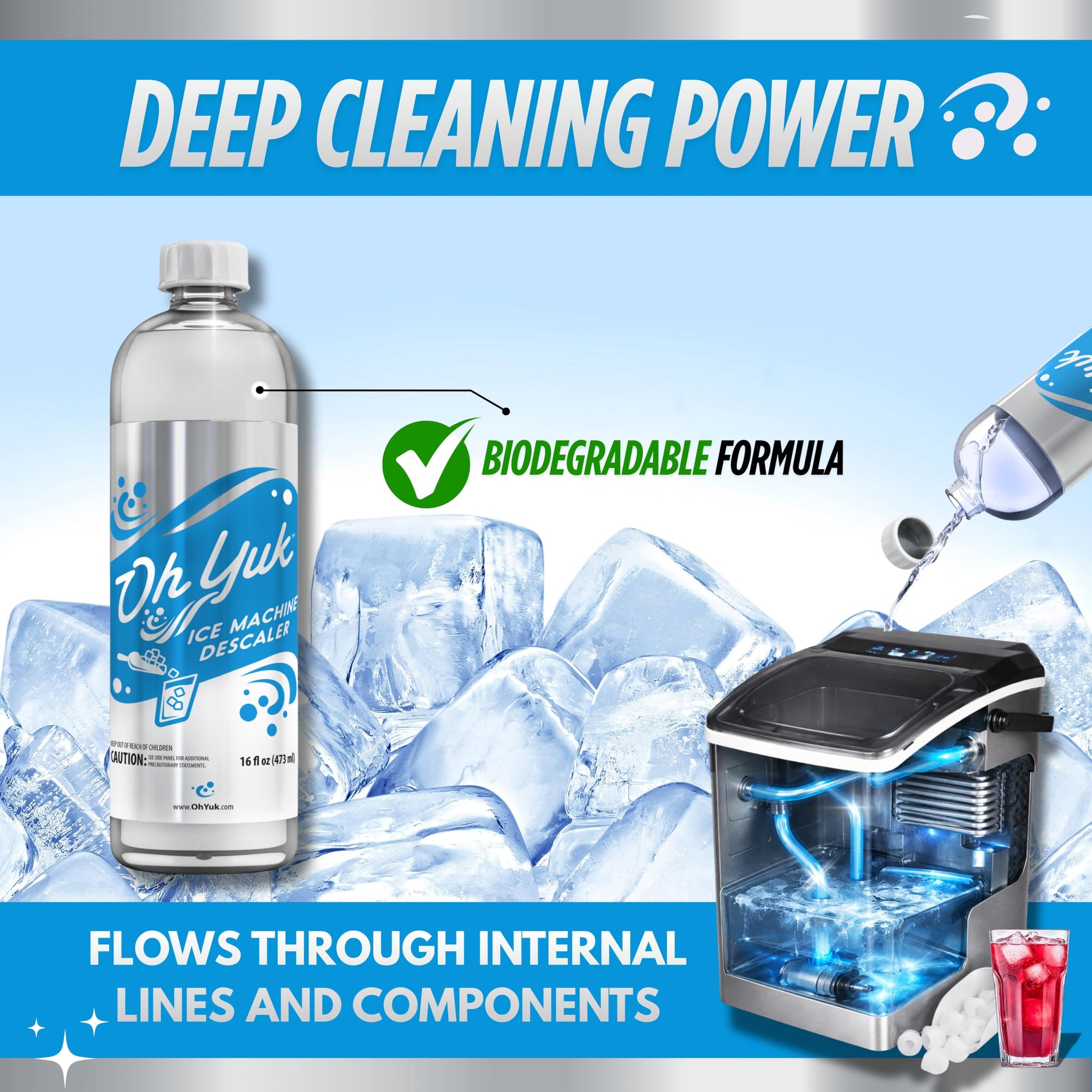 Oh Yuk Ice Machine Cleaner Descaler - Scale & Buildup Remover, Nickel-Safe Ice Maker Cleaning Solution, Compatible with GE nugget, Igloo & All