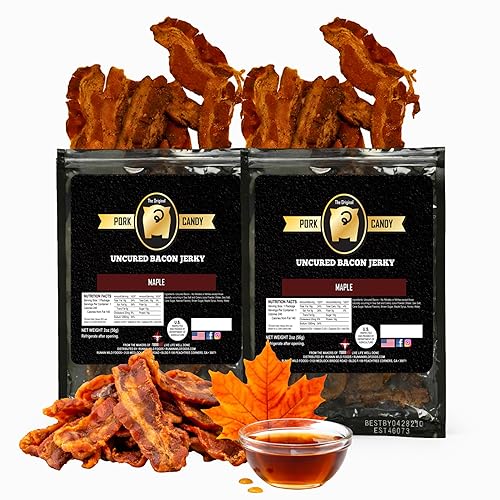 Delicious Maple Bacon Jerky - Made from 100% Real Uncured Bacon - Thick-Cut, Sweet & Savory Candied Bacon Strips - Irresistibly Flavorful Snack - 4oz