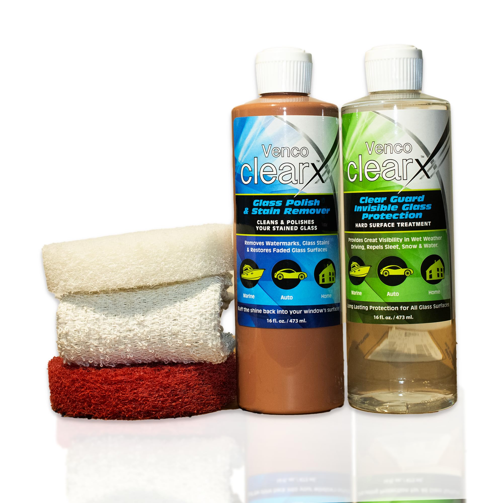 Venco Clear X Glass Polish & Protector - 16oz Kit for Removing Rust, Burnt-In Stains, Water Spots - Protects & Repels Water, Snow - Ideal for Yachts