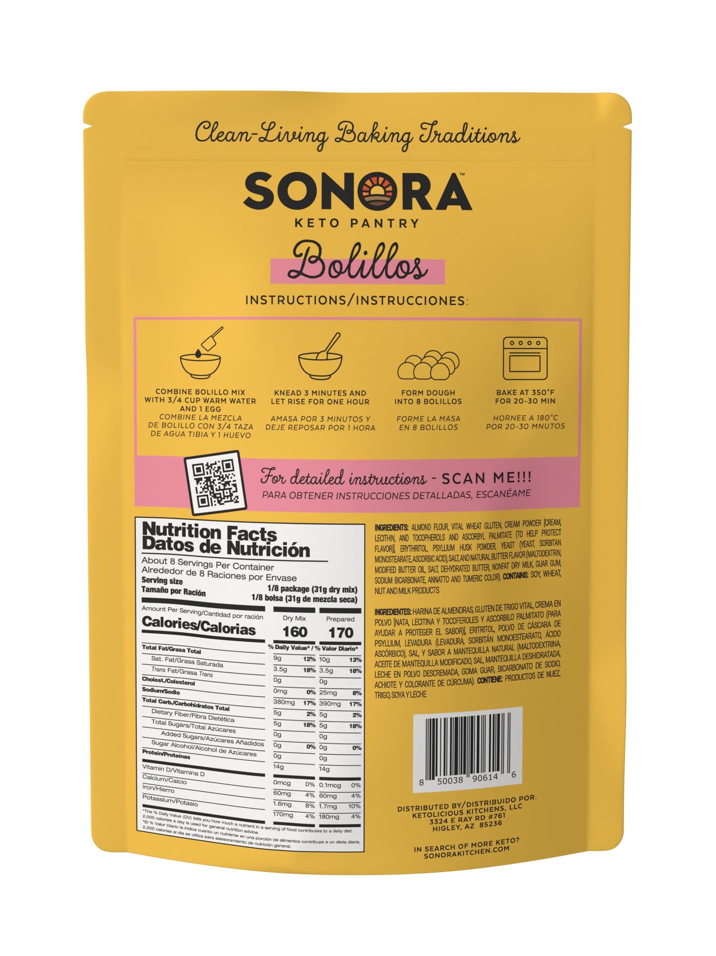 Sonora Keto Bread Mix | 0g NET CARBS | Mexican Bolillos, French Bread, Rolls & Buns | Low Carb | Bread Machine Compatible (8.8oz - Makes 8)