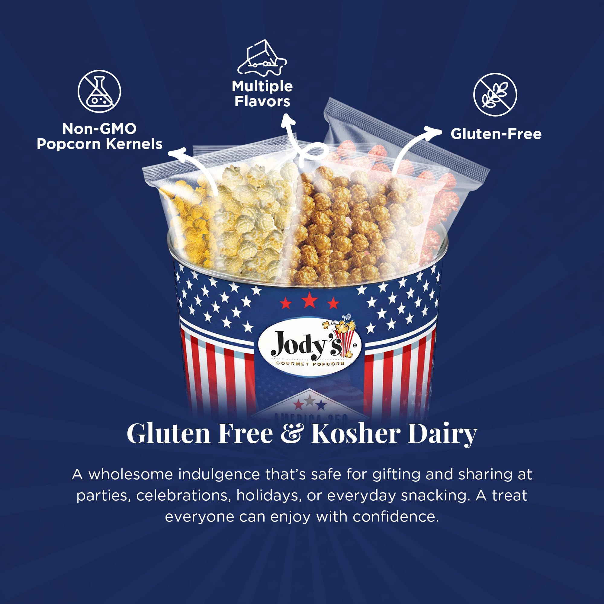Jody's Gourmet Popcorn Red White & Blue Stripes Tin - 4th of July Popcorn Variety With Caramel Corn, Patriotic Kettle Corn, Double Cheddar, Sea Salt