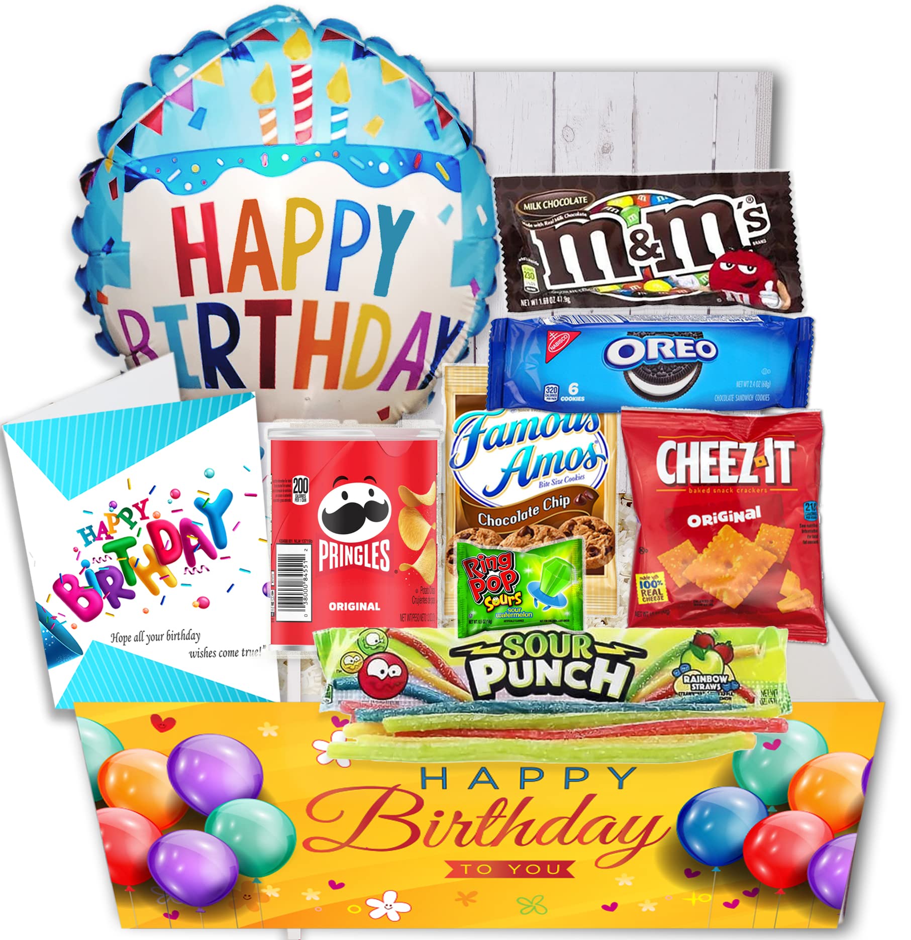 Birthday Gift Basket Candy variety pack with a Happy Birthday Balloon Care Package w/snacks and greeting card, for boy, girl, teenage, adults, best