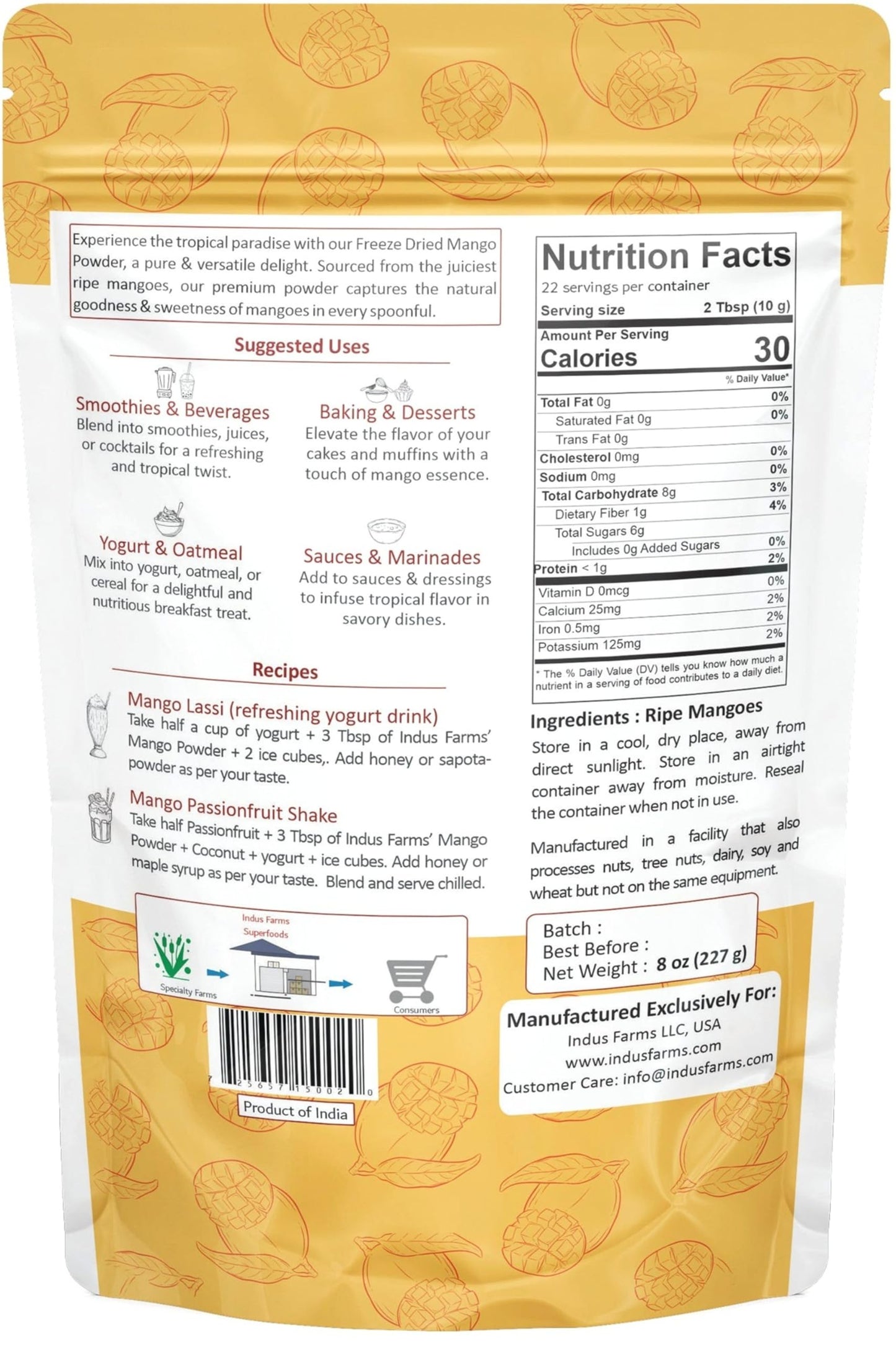 Indus Farms Freeze Dried Mango Powder | 100% Alphonso Mangoes, Single Ingredient | Vitamin C & A | Natural Tropical Flavor for Smoothies, Baking