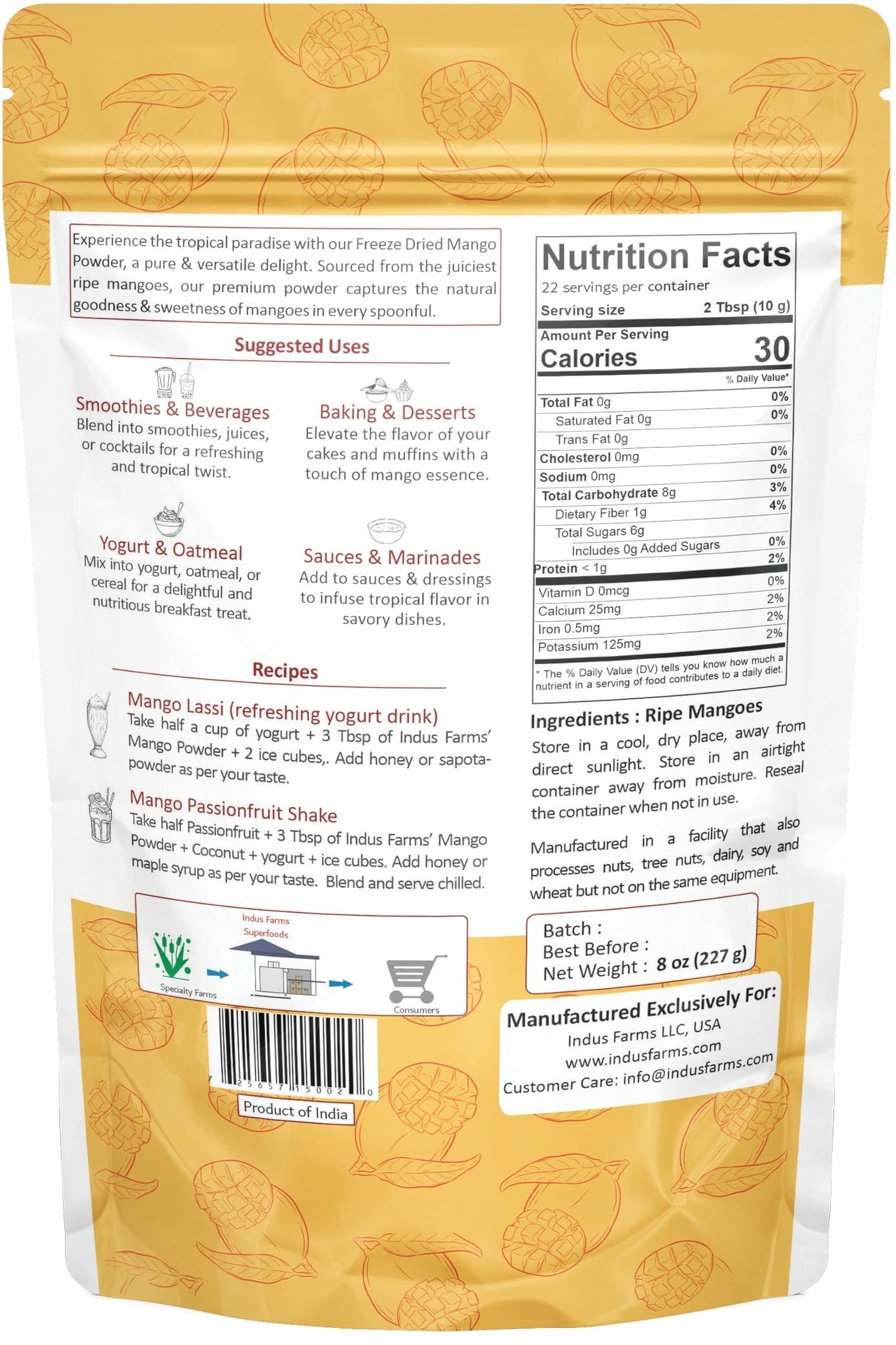 Indus Farms Freeze Dried Mango Powder | 100% Alphonso Mangoes, Single Ingredient | Vitamin C & A | Natural Tropical Flavor for Smoothies, Baking