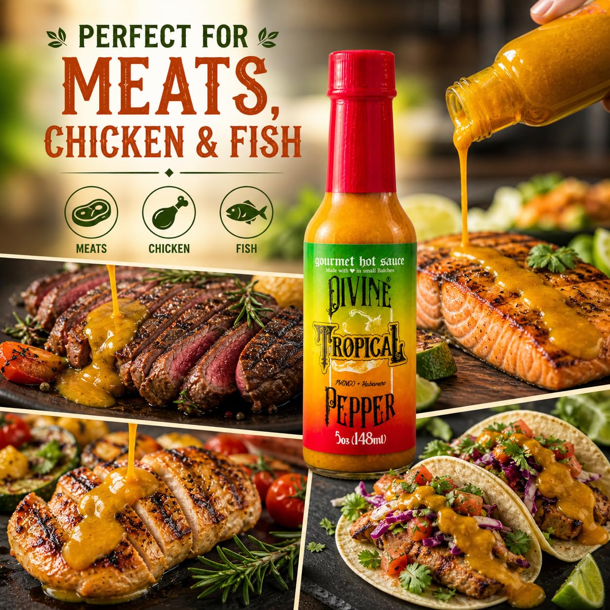 Divine Pepper Tropical Hot Sauce - Mango Habanero Pepper - Medium to Hot Heat - Small Batch Gourmet Sauce - Sweet & Spicy Flavor - Perfect for Meats