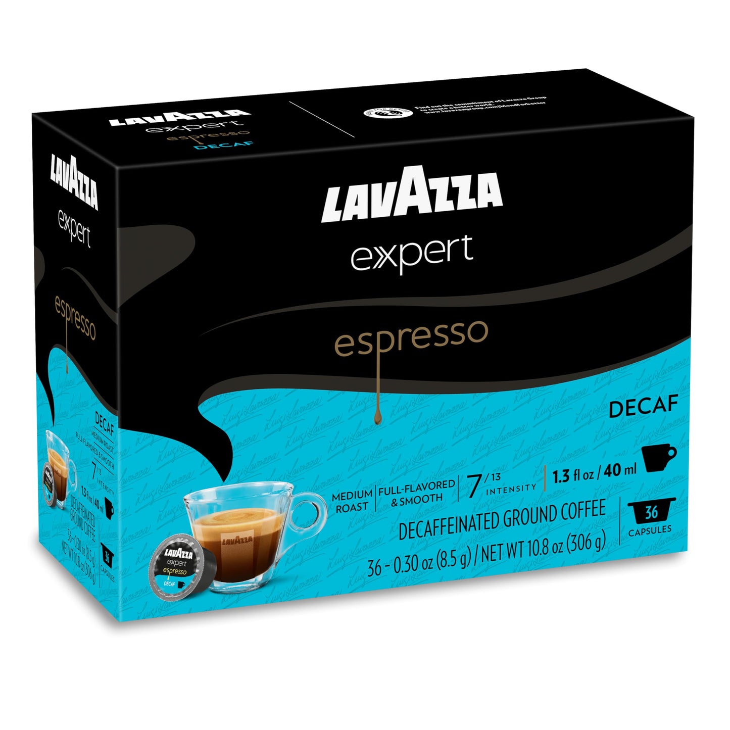 Lavazza Expert Espresso Decaf Capsules, Medium Roast, Arabica and Robusta Blend, Compatible with Lavazza Classy Machines (72 Capsules)