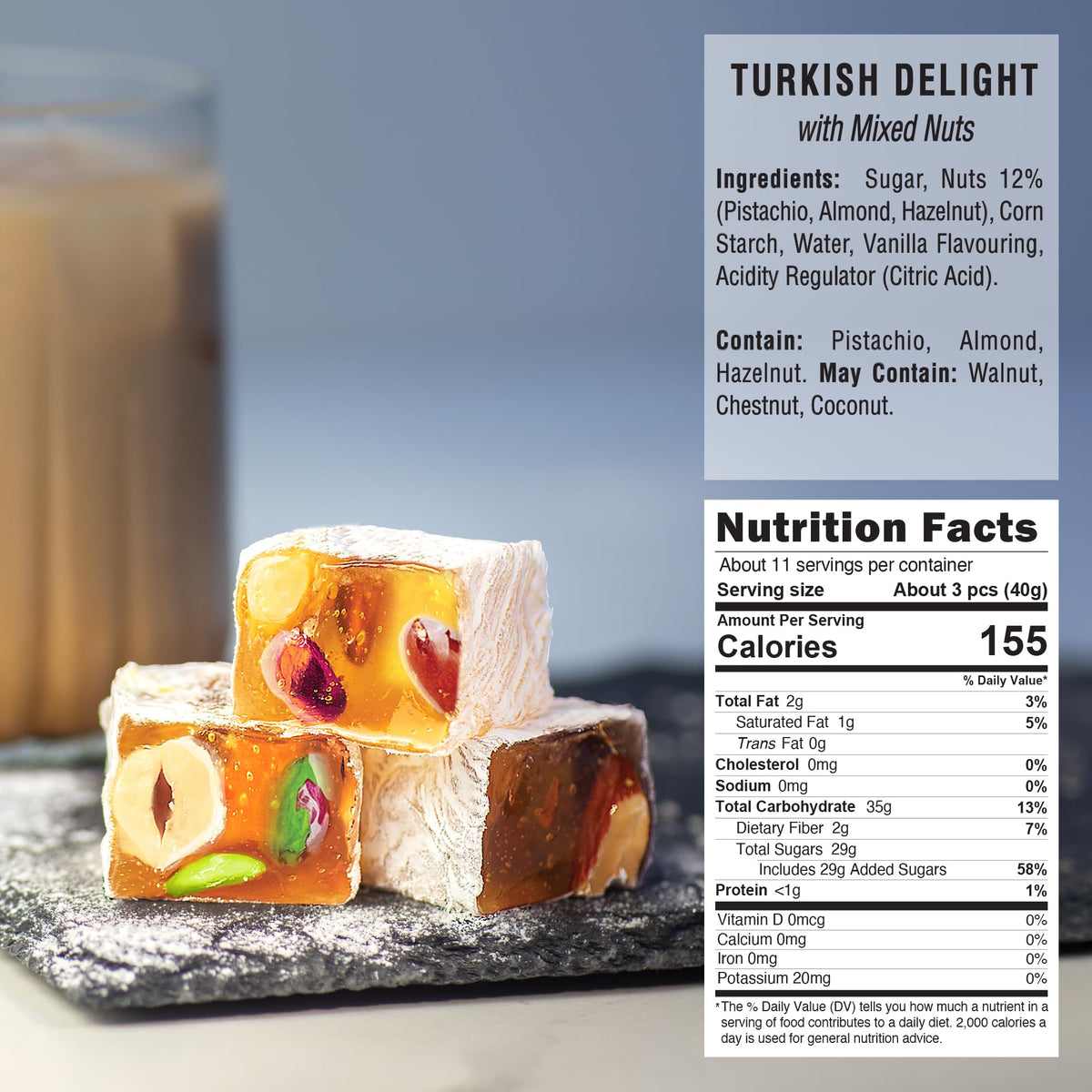 HazerBaba Turkish Delight Candy, Mixed Nuts & Vanilla, 16 oz (Pack of 1)