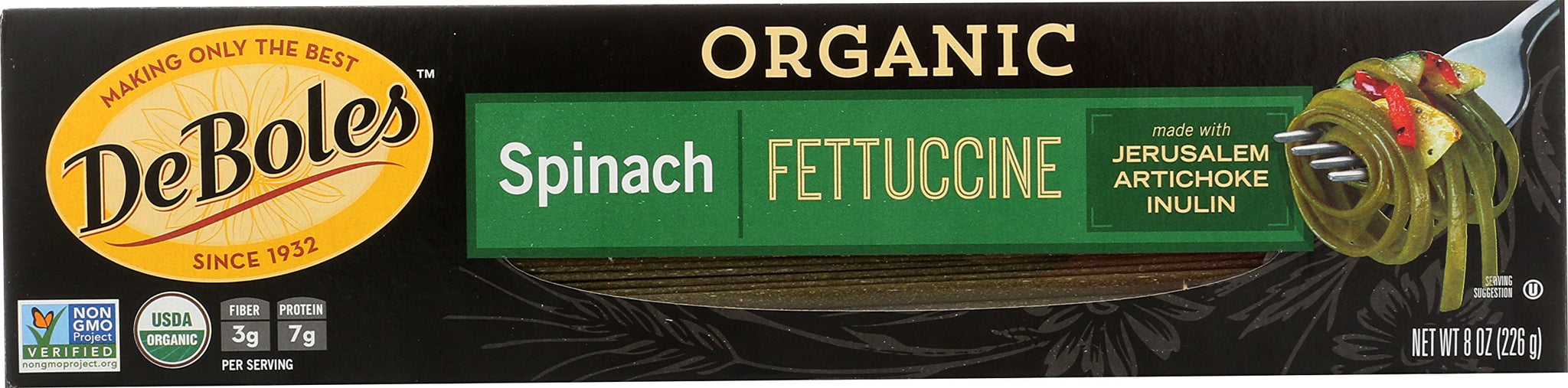 DeBoles Organic Spinach Flavor Pasta, Fettuccine, 8 Ounce