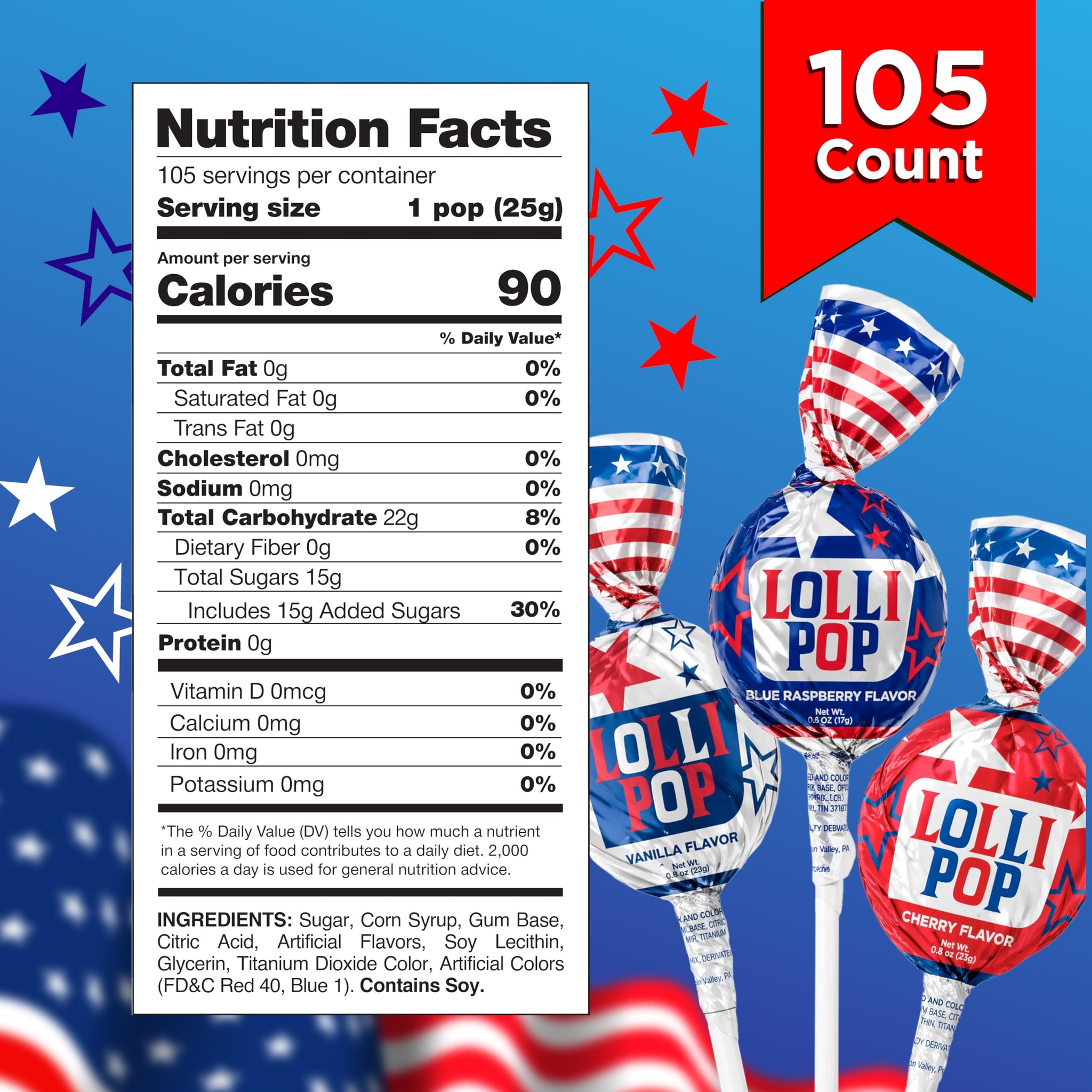 Patriotic Candy - 6 Pound Bulk Pack - 105 Count - 4th of July Lollipops - Red White and Blue Candy - Cherry, Vanilla, Blue Raspberry - Gum Filled Pops