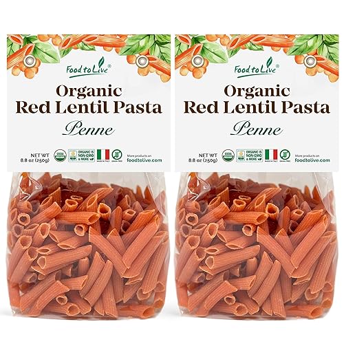 Food to Live Organic Red Lentil Penne Pasta, 8.8 OZ (Pack of 2) - Non-GMO, Single Ingredient. No Additives. No Major Allergens. Good Source of Plant