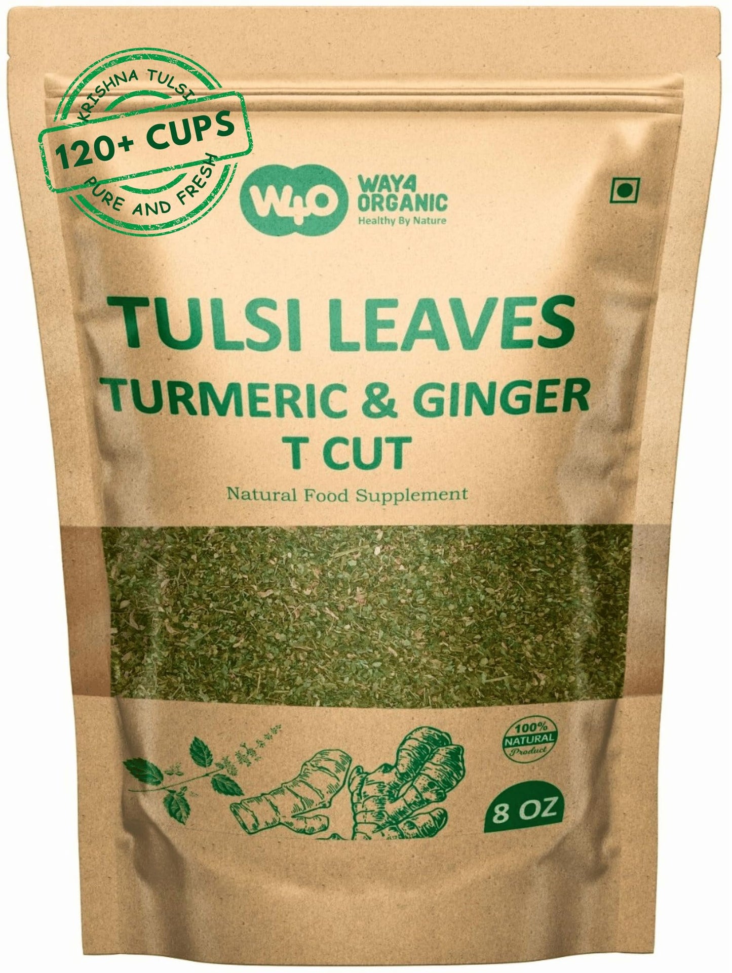 Holy Basil Tea, 8 Oz with Ginger and Turmeric, Tulsi Krishna Cut & Sifted Herbal Tea, Dried Pure Holy Basil Tulsi Leaves, Immune support with Multiple