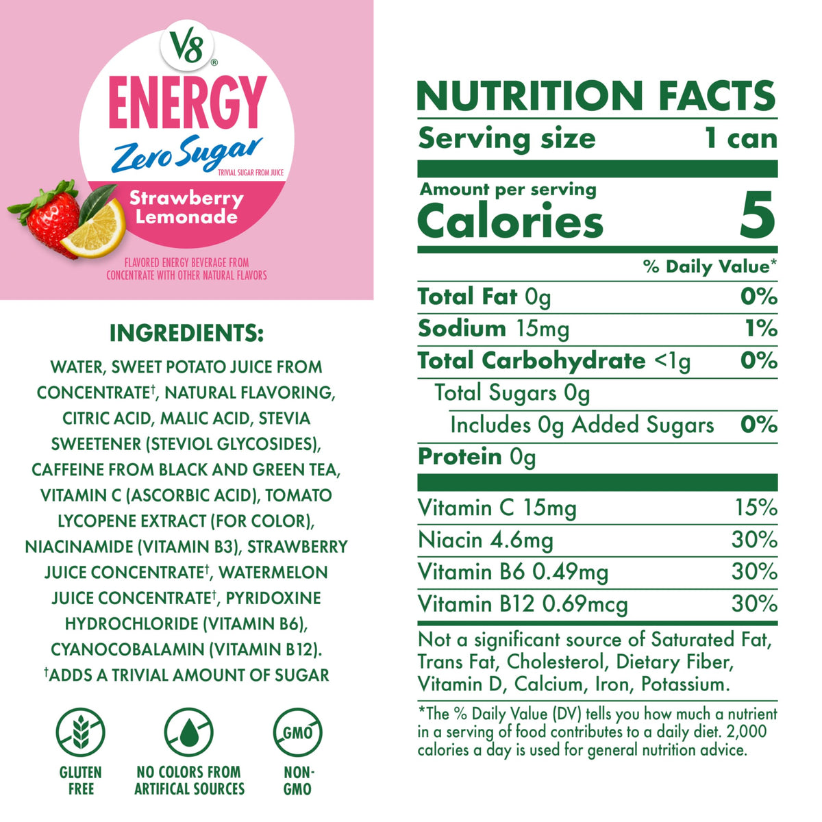 V8 Energy Zero Sugar Strawberry Lemonade, 11.5 fl. oz. Can (12 Pack)