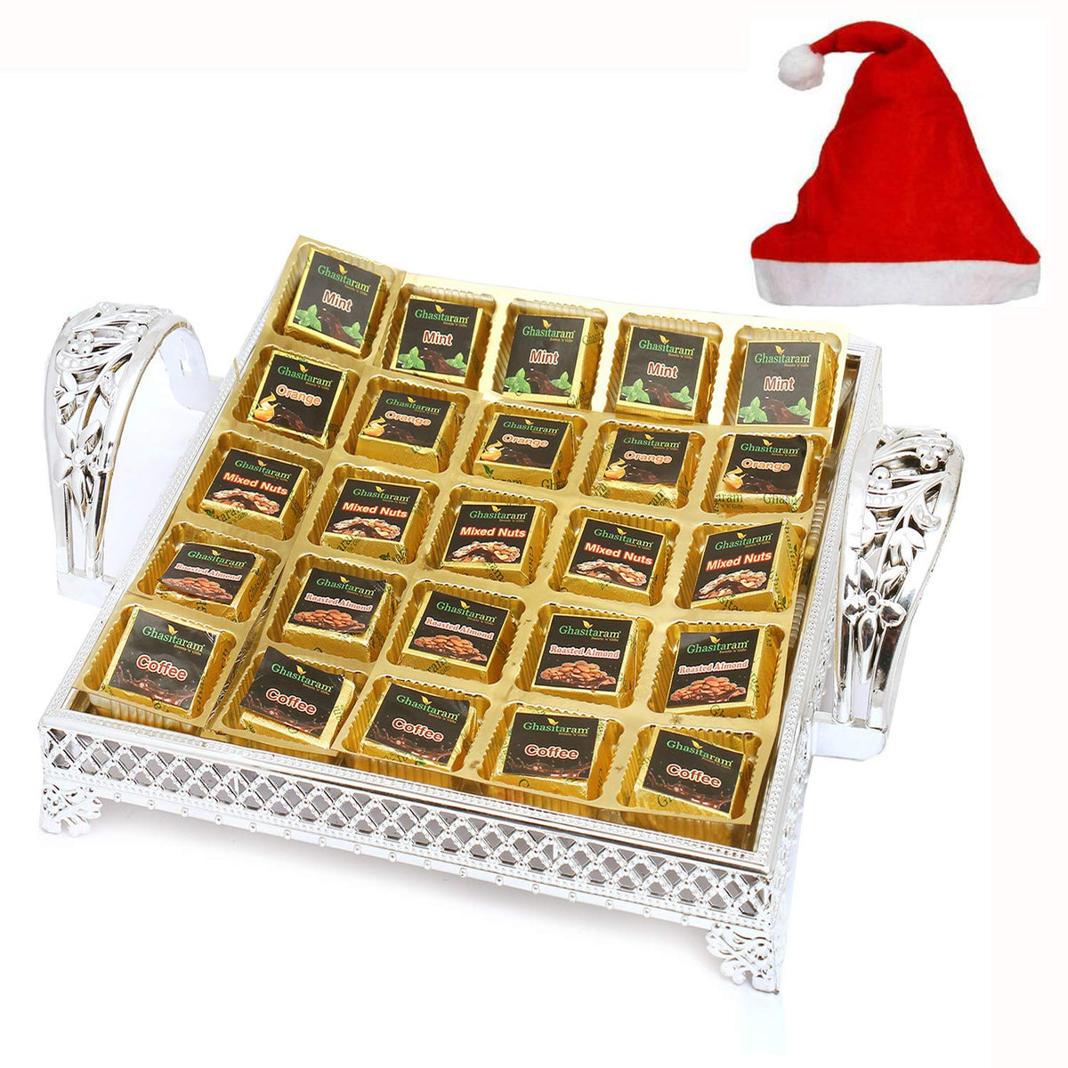 Ghasitaram Gifts Christmas Gifts Christmas Chocolates Silver 25 pcs Assorted Sugafree Chocolates Tray