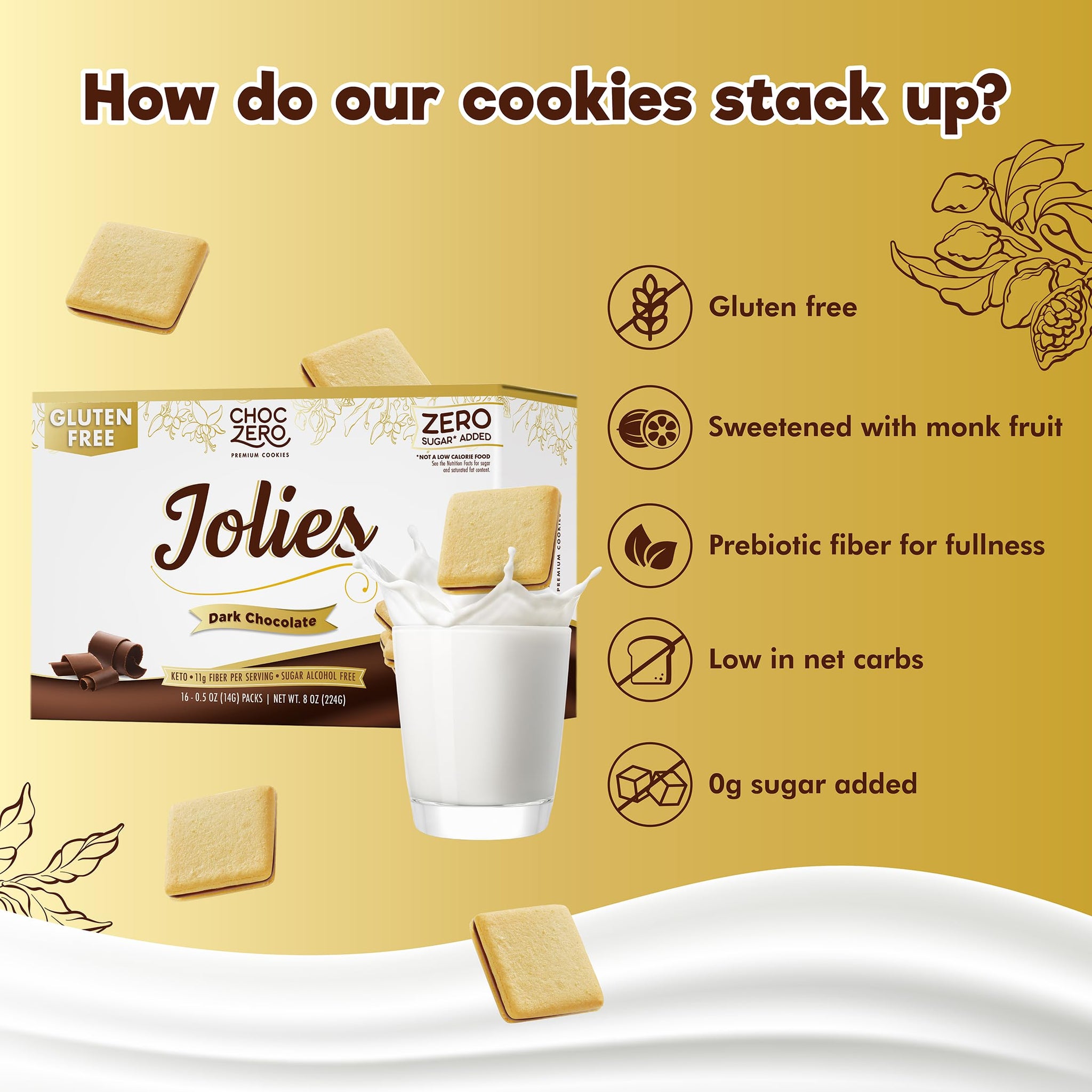 ChocZero Chocolate Cookies, Dark Chocolate Jolies - Gluten Free, Sugar Free, 16 Crispy Chocolate Filled Keto Cookies Per Box, 8 Ounce