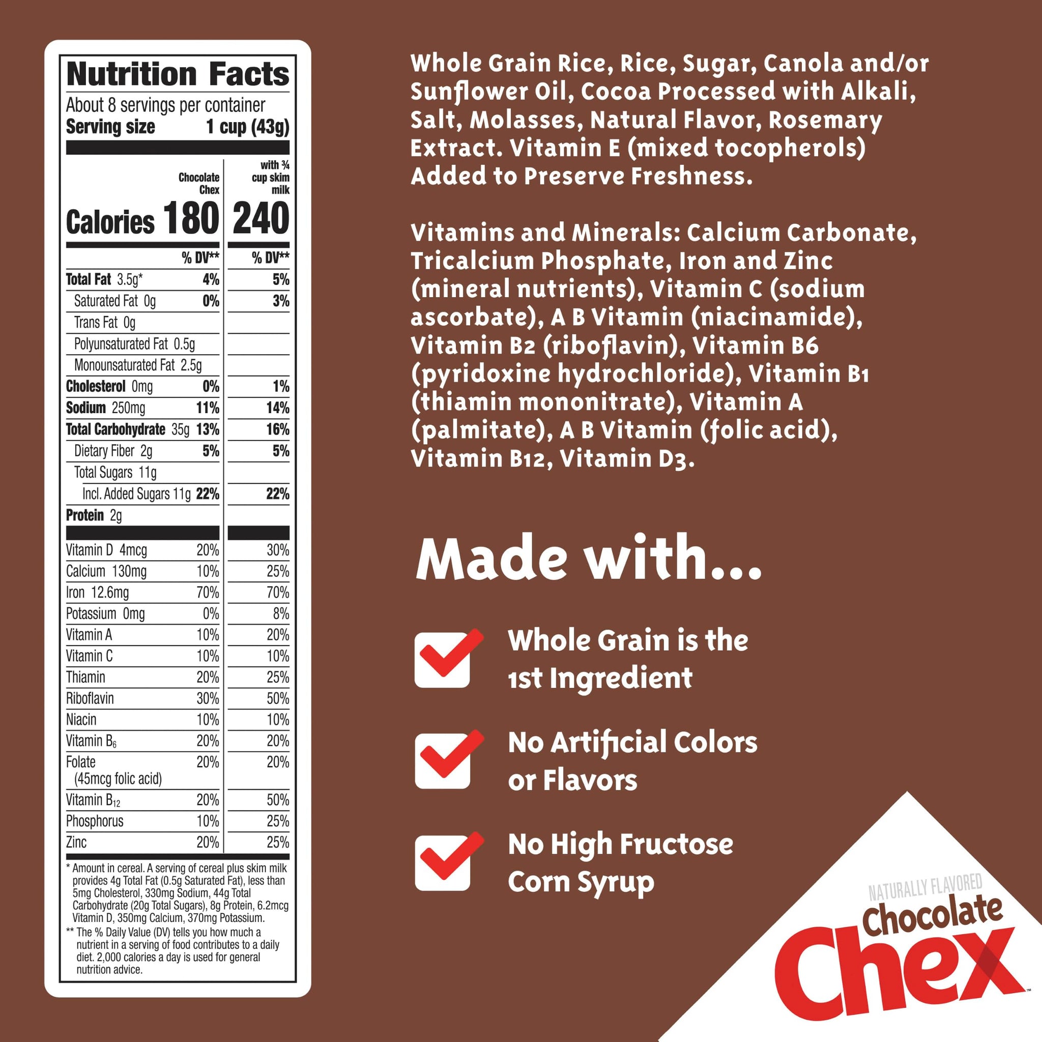 Chocolate Chex Cereal, Gluten Free Breakfast Cereal, Made with Whole Grain, 12.8 oz