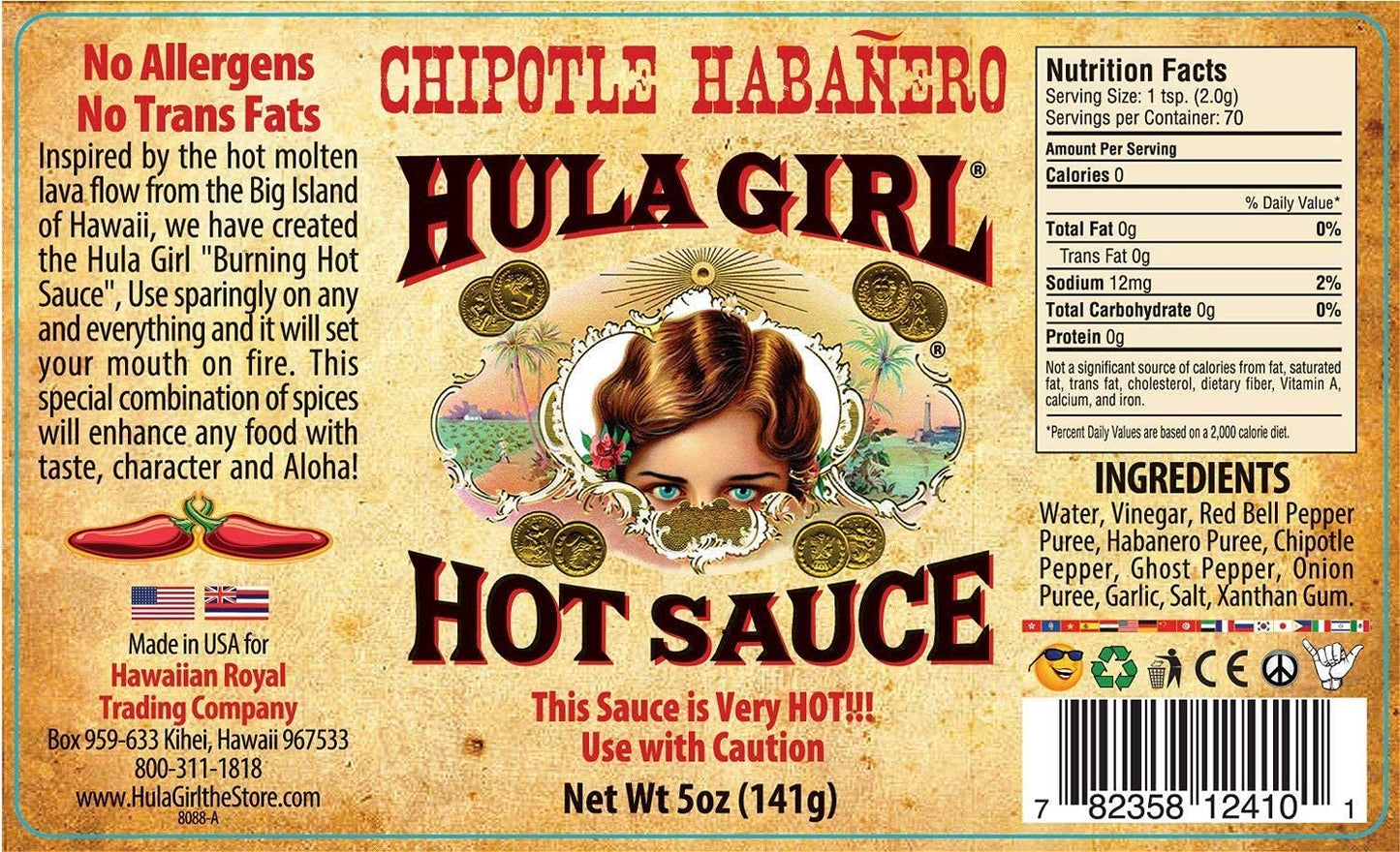 Hula Girl Chipotle Habañero Hot Sauce 5 Oz (0.31 Lb) 141 Grams (Pack of 3)