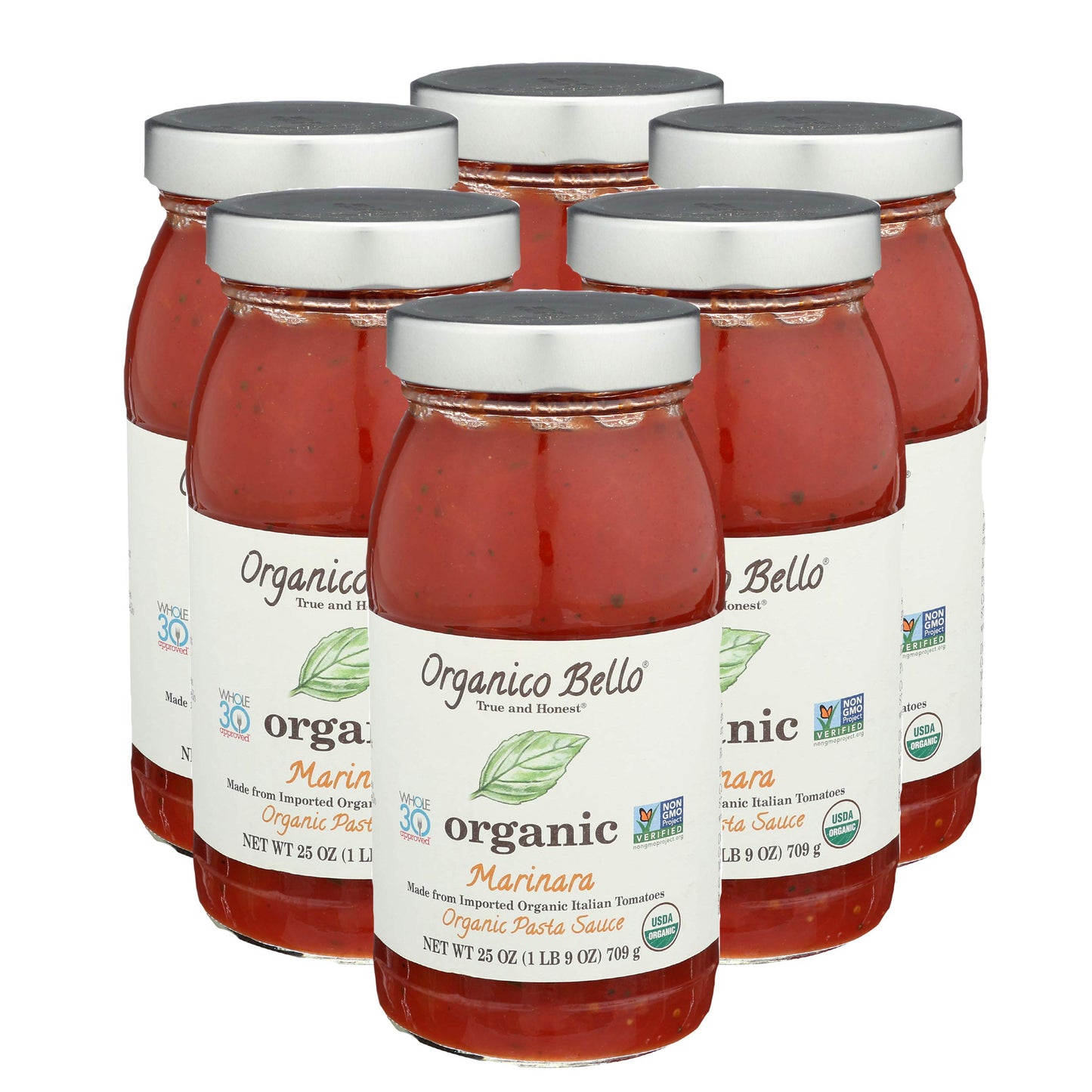 Organico Bello - Organic Gourmet Pasta Sauce - Marinara - 25oz (Pack of 6) - Non GMO, Whole 30 Approved, Gluten Free