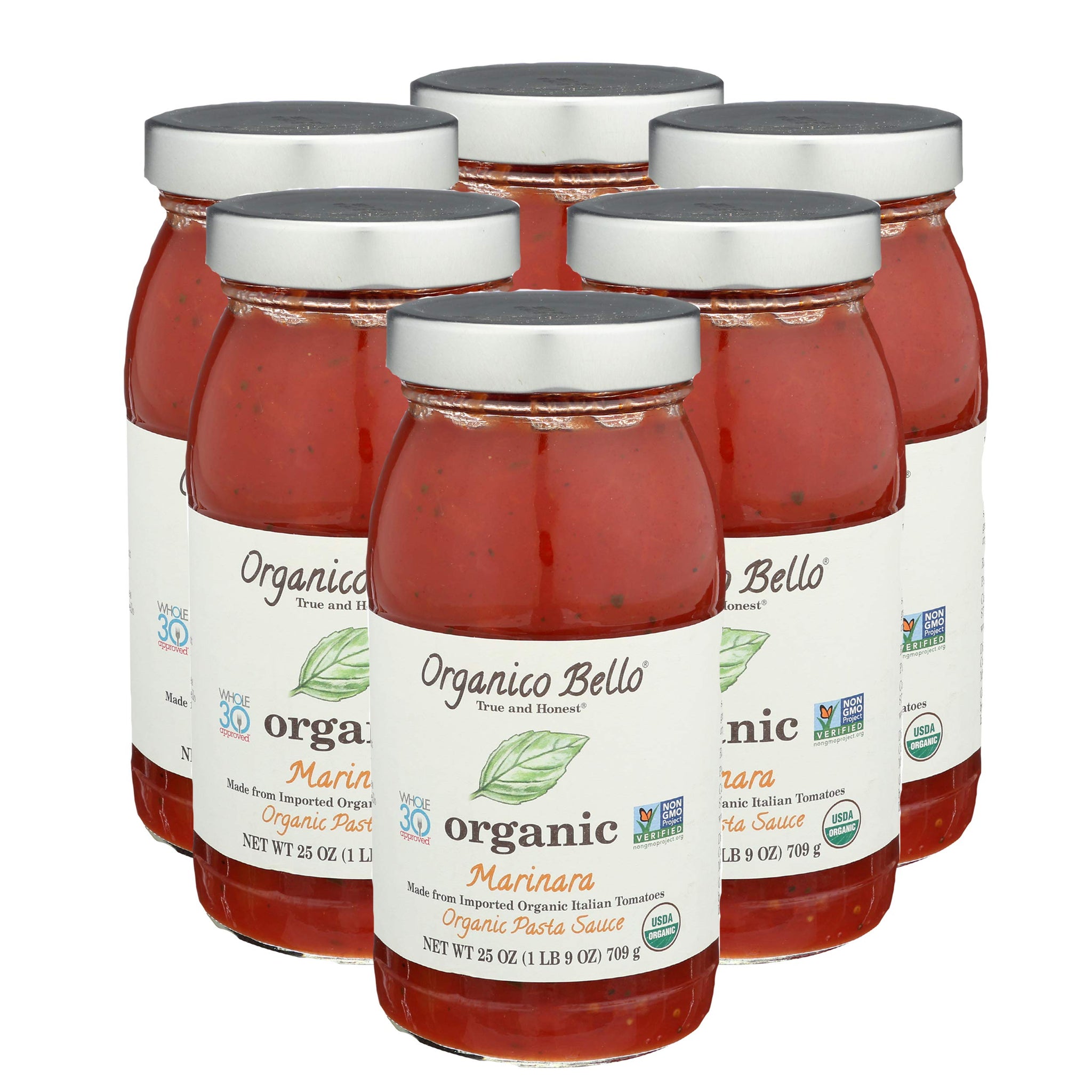 Organico Bello - Organic Gourmet Pasta Sauce - Marinara - 25oz (Pack of 6) - Non GMO, Whole 30 Approved, Gluten Free