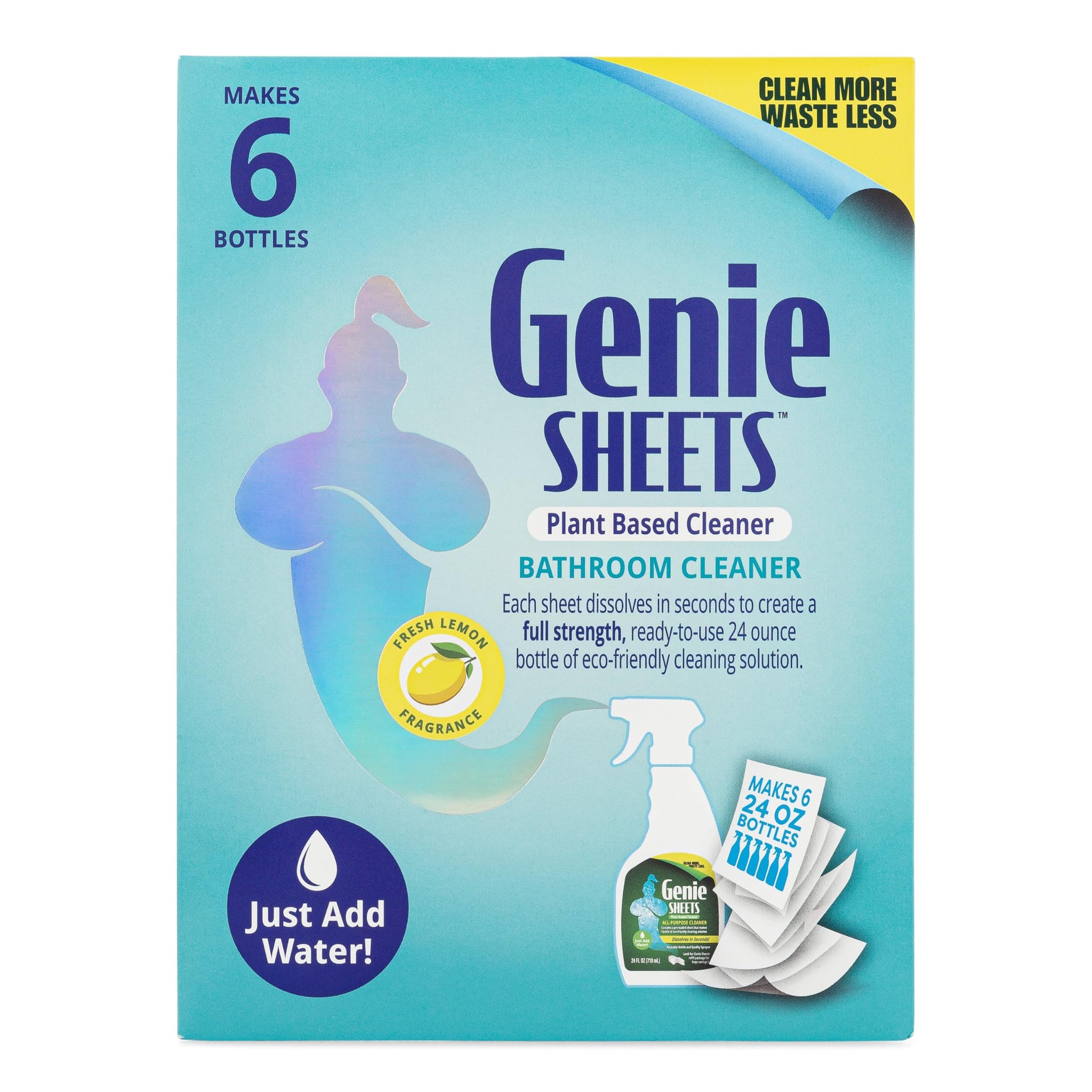 Genie Sheets Bathroom Cleaner | Concentrate Makes 6 24oz Refills | Professional-Strength | Just Add Water | Sustainable Eco-Friendly Plant-Based