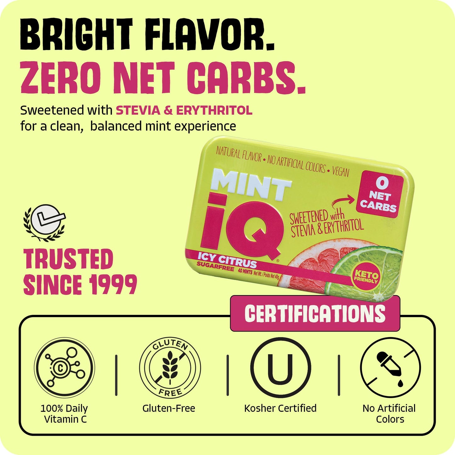 Big Sky MINT iQ Icy Citrus Mint Candy 40 grams Pack of 6 Tins in Display Tray - Travel Size Mint Candies Tin - Keto Friendly, Vegan & Natural Fruity