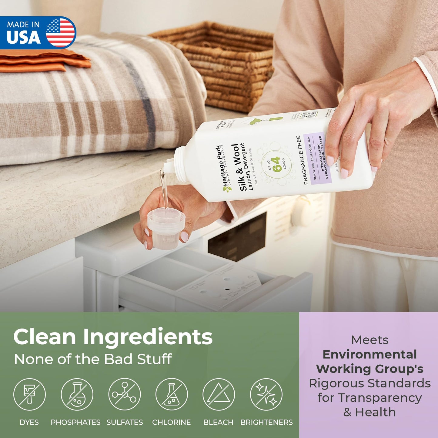 Heritage Park Silk & Wool Fragrance Free, Hypoallergenic, pH-Neutral Laundry Detergent - Dermatologist-tested, Sensitive Skin-Friendly, Enzyme-Free