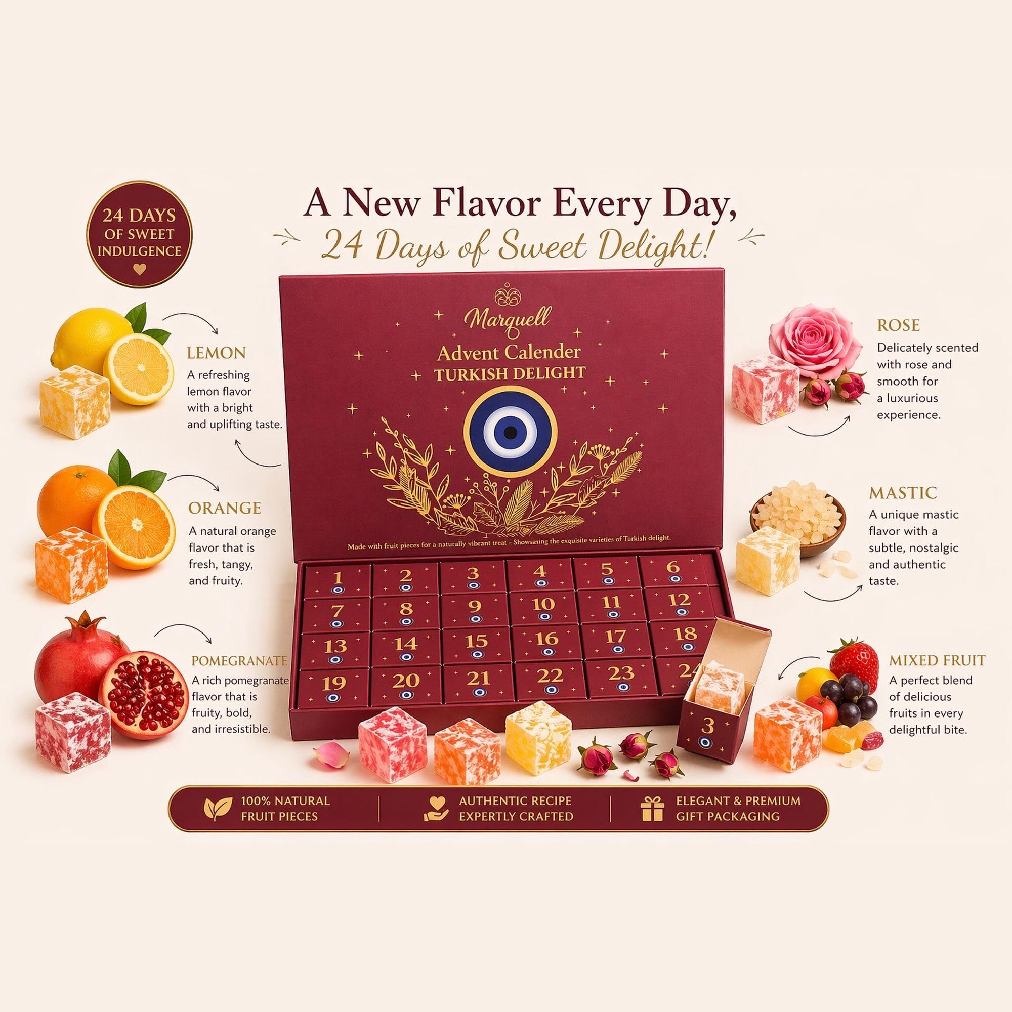Marquell Turkish Delight Gift Box - 24 Day Advent Calendar Style, Premium Fruit-Infused Gourmet Candy Assortment, Handmade Individually Wrapped Soft