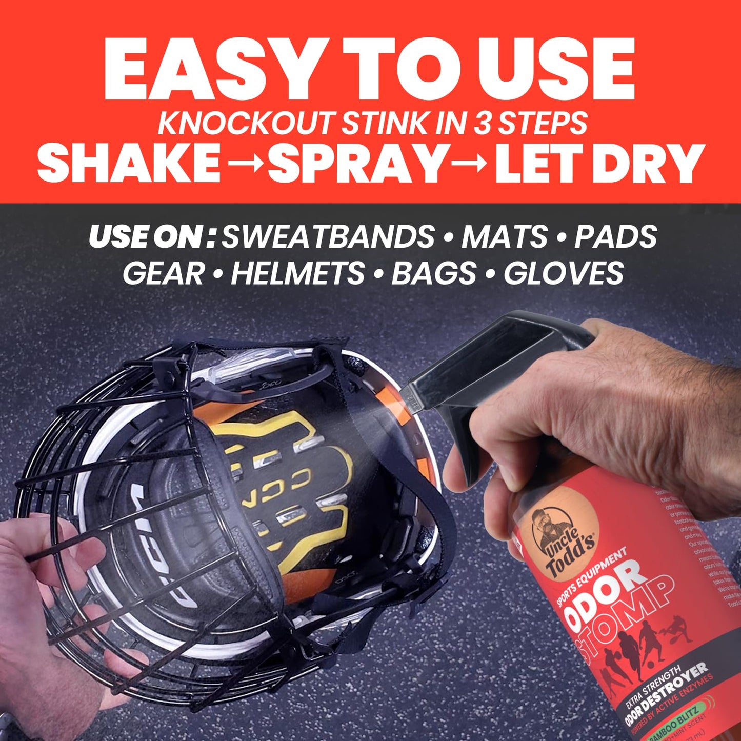 Uncle Todd’s Odor Stomp Sports Equipment Odor Eliminator Spray - Extra Strength Enzyme-Powered Deodorizer for Football, Hockey, Gym Bags, and Athletic